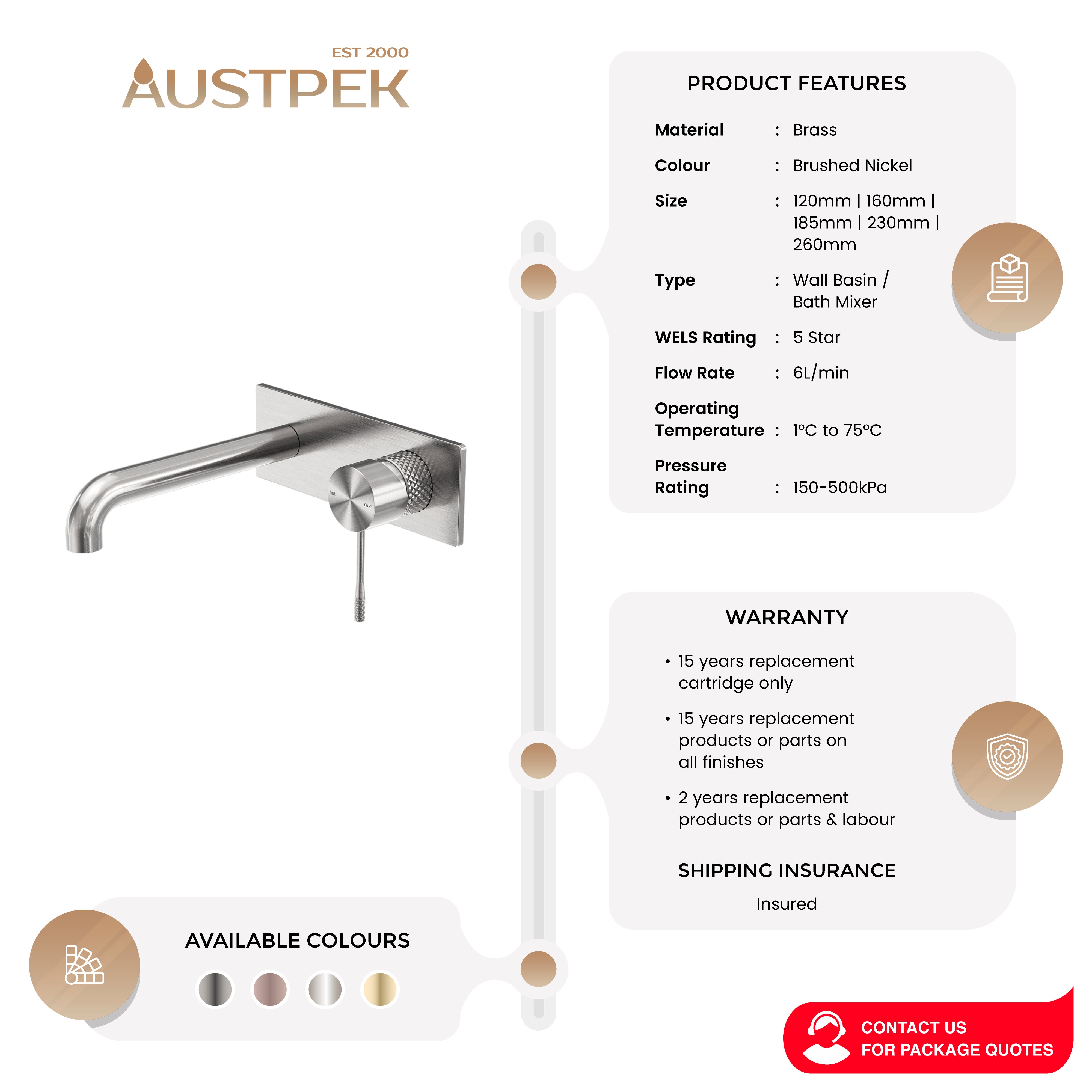 NERO OPAL WALL BASIN/ BATH MIXER BRUSHED NICKEL (AVAILABLE IN 120MM, 160MM, 185MM, 230MM AND 260MM)