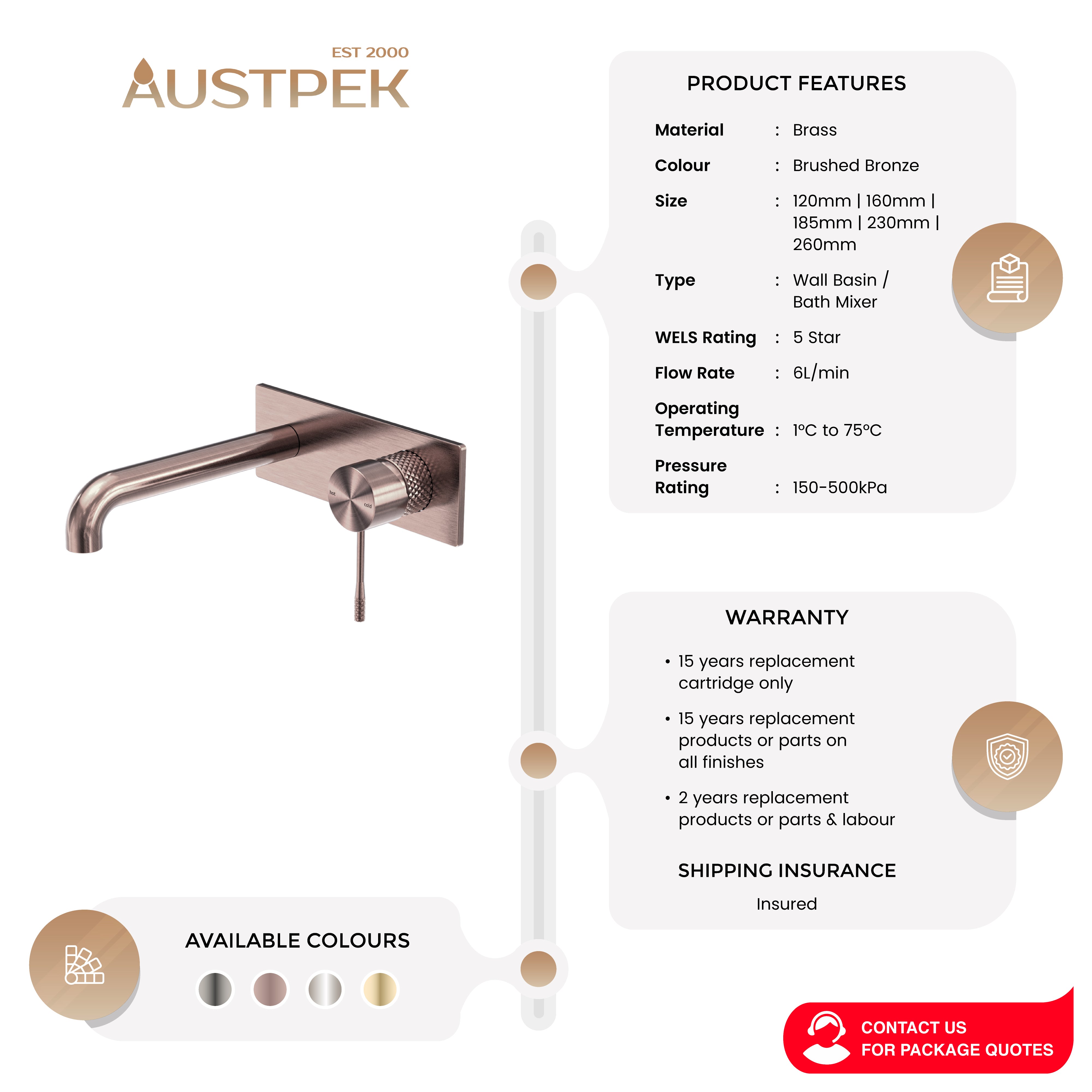 NERO OPAL WALL BASIN/ BATH MIXER BRUSHED BRONZE (AVAILABLE IN 120MM, 160MM, 185MM, 230MM AND 260MM)