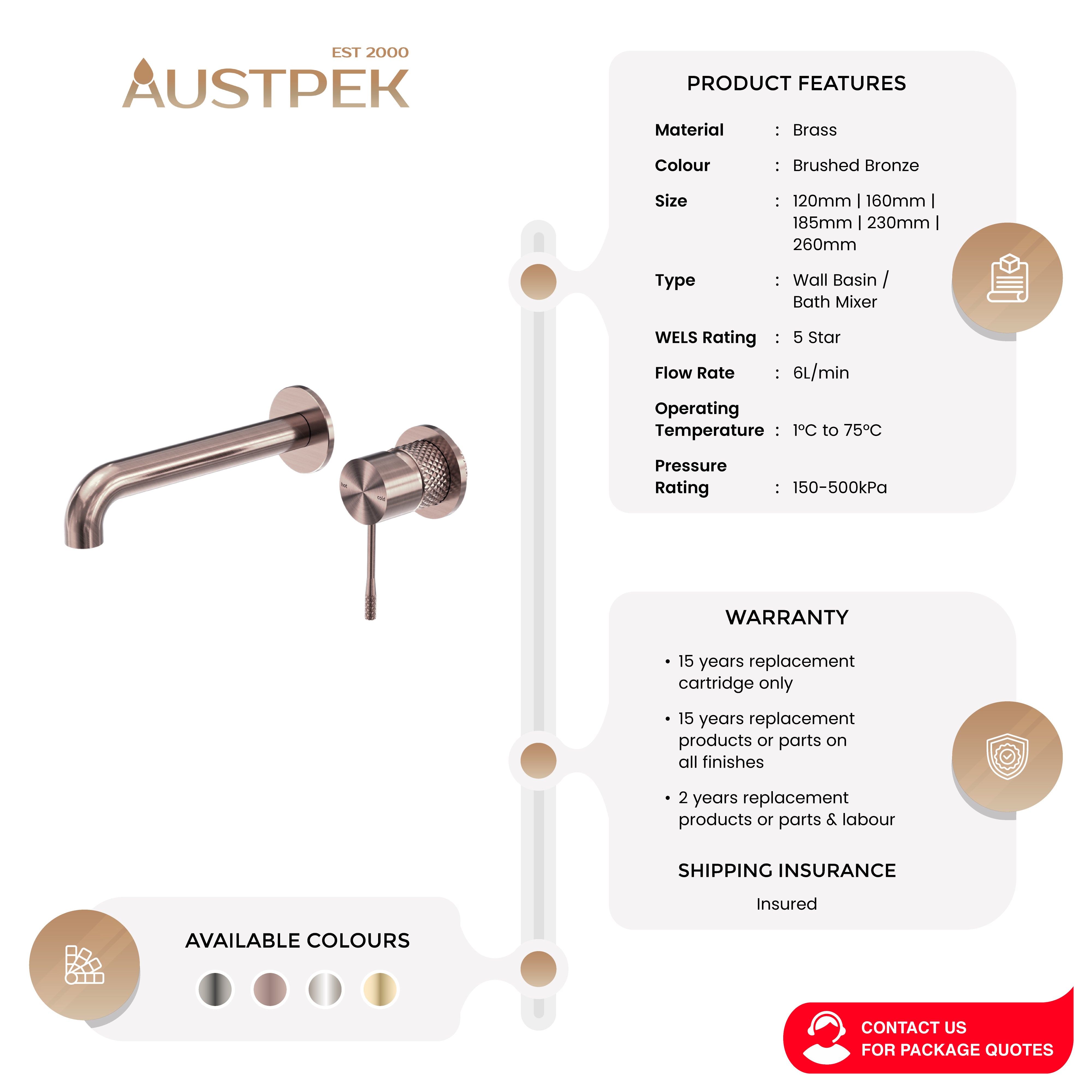 NERO OPAL WALL BASIN/ BATH MIXER SEPARATE BACK PLATE BRUSHED BRONZE (AVAILABLE IN 120MM, 160MM, 185MM, 230MM AND 260MM)