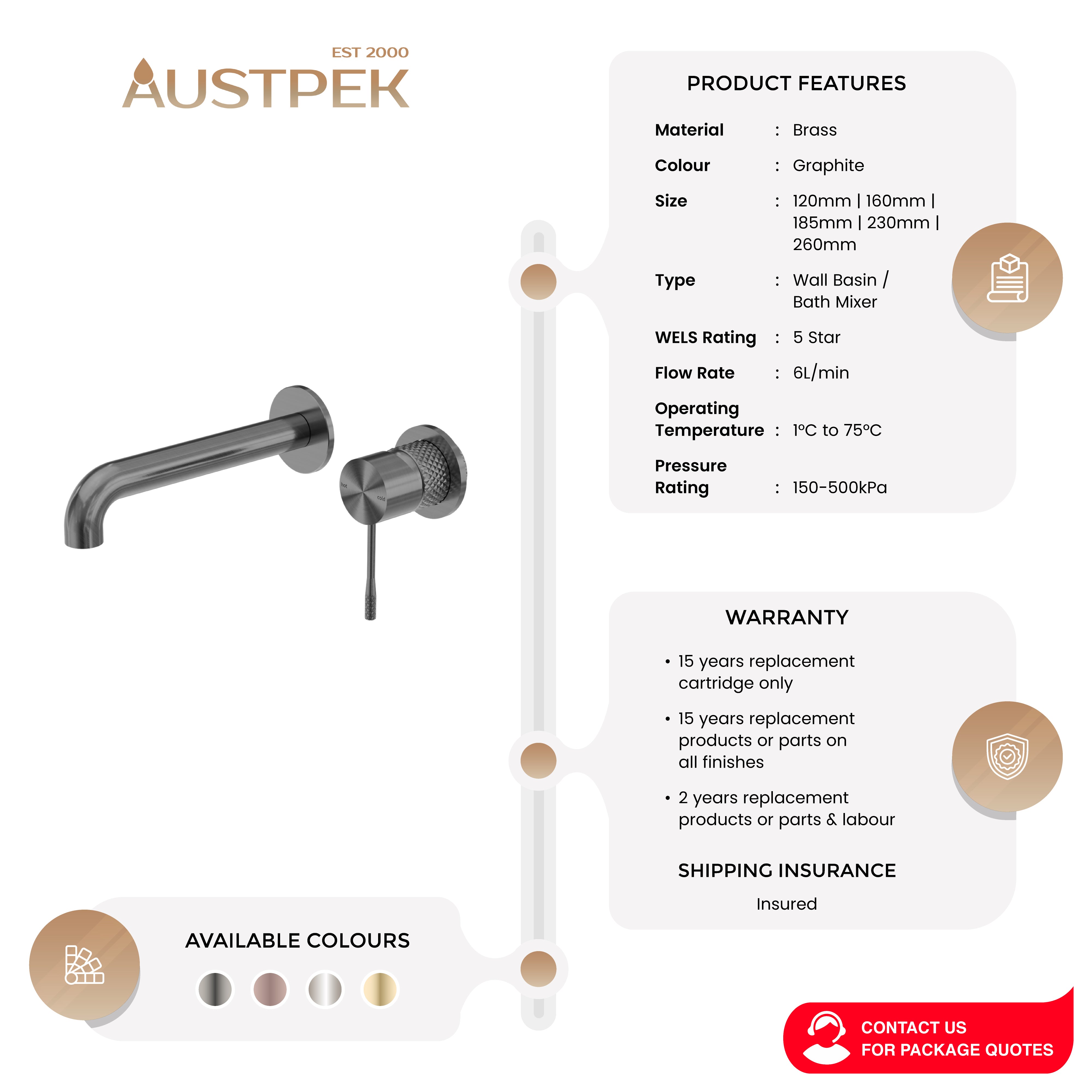 NERO OPAL WALL BASIN/ BATH MIXER SEPARATE BACK PLATE GRAPHITE (AVAILABLE IN 120MM, 160MM, 185MM, 230MM AND 260MM)