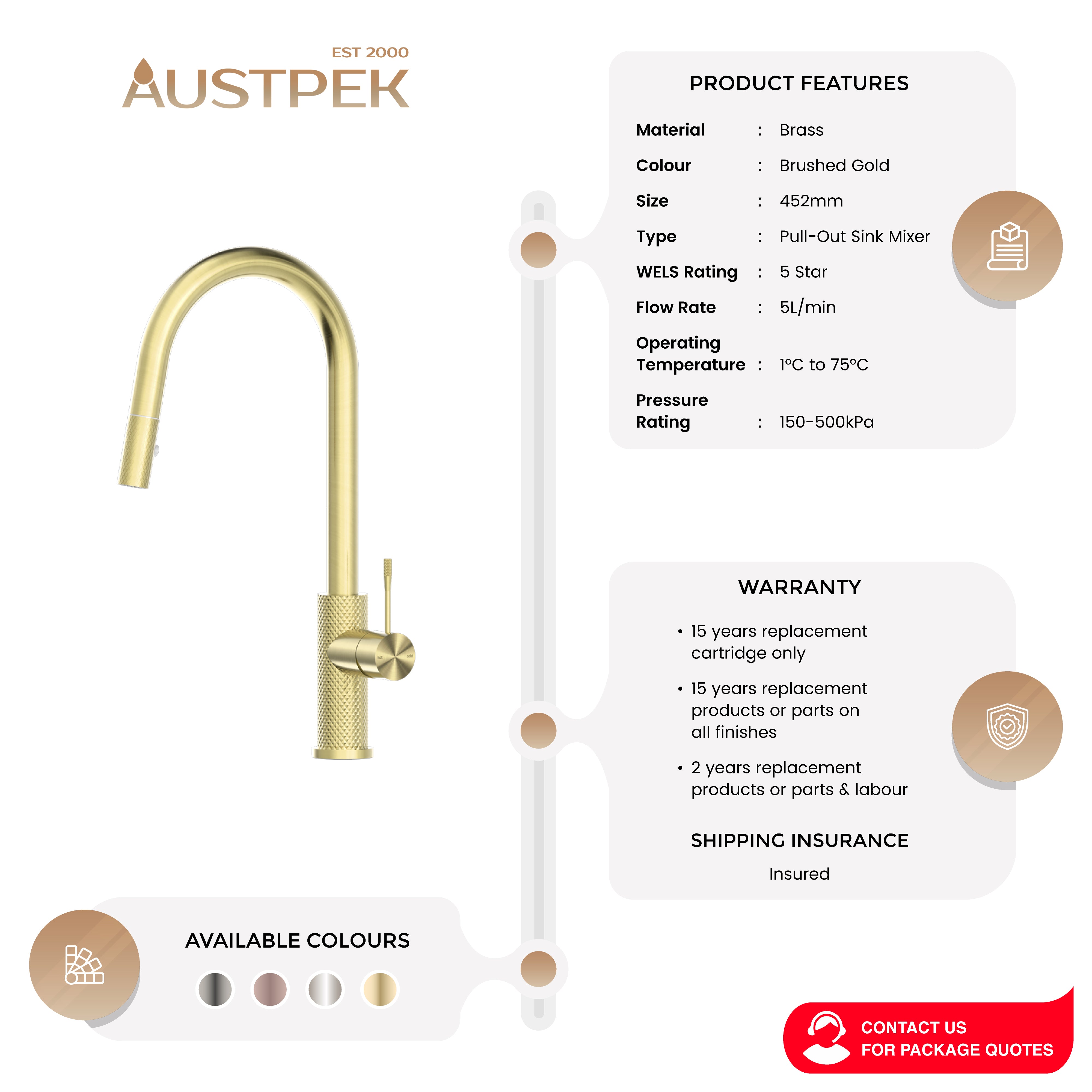 NERO OPAL PULL OUT SINK MIXER 452MM BRUSHED GOLD