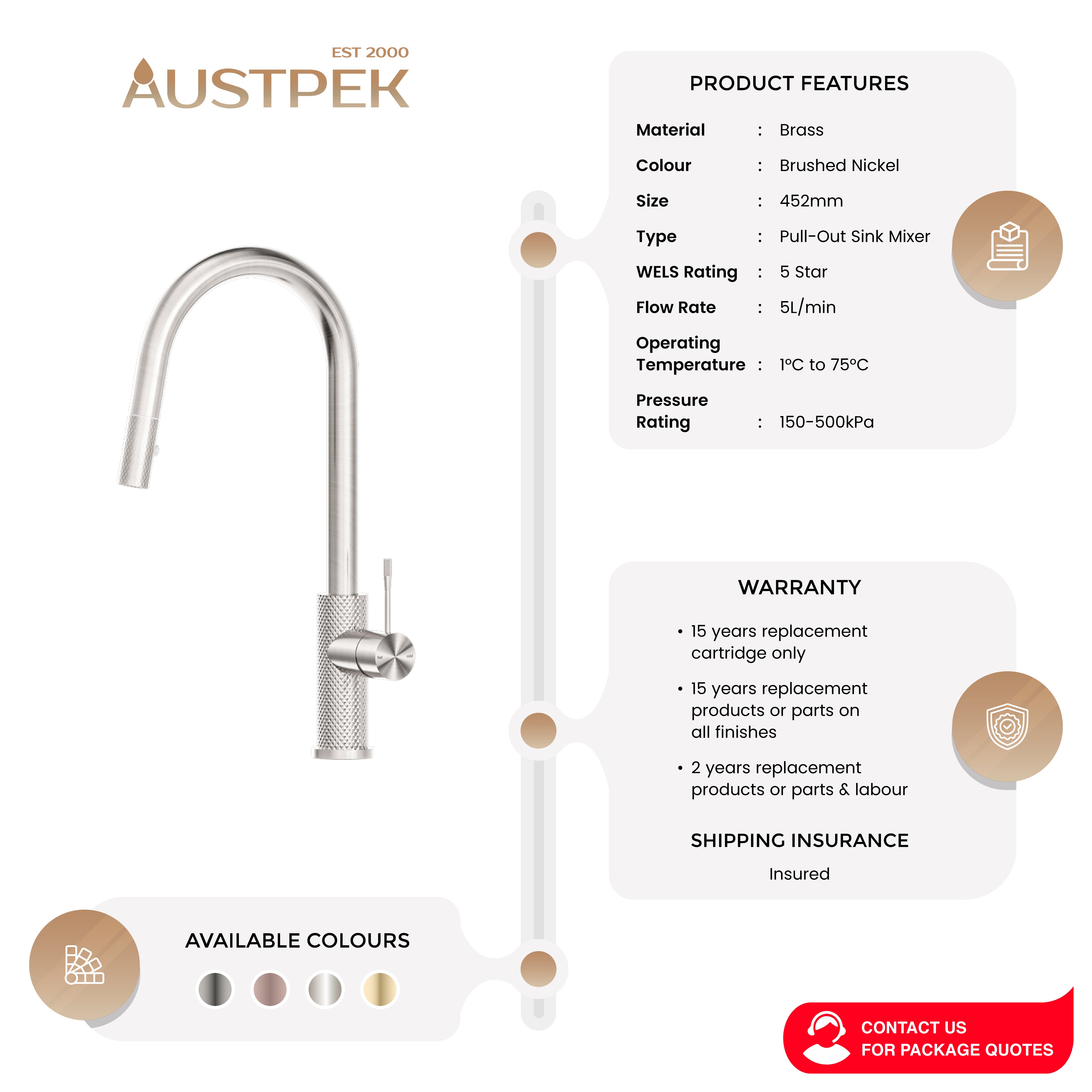 NERO OPAL PULL OUT SINK MIXER 452MM BRUSHED NICKEL