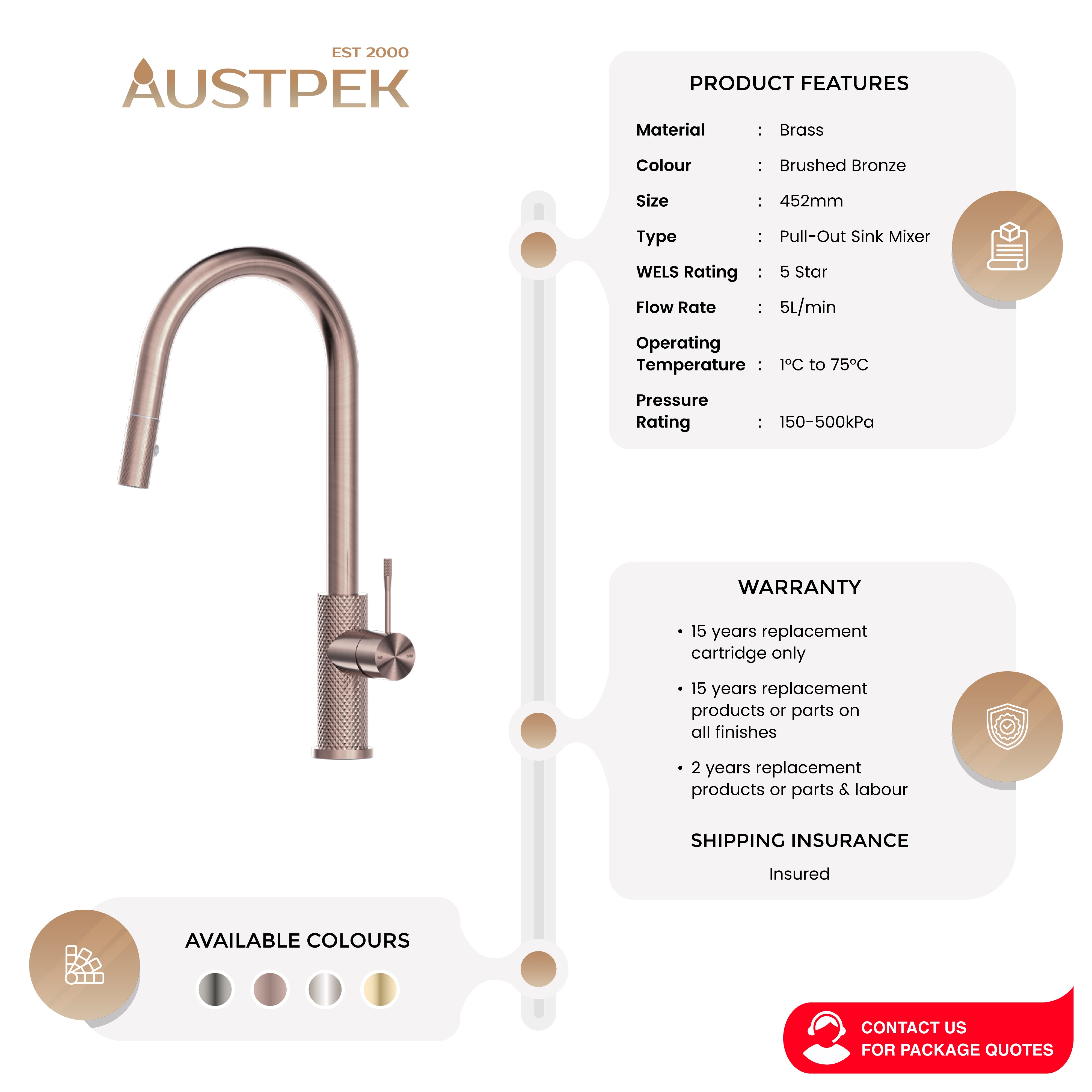 NERO OPAL PULL OUT SINK MIXER 452MM BRUSHED BRONZE