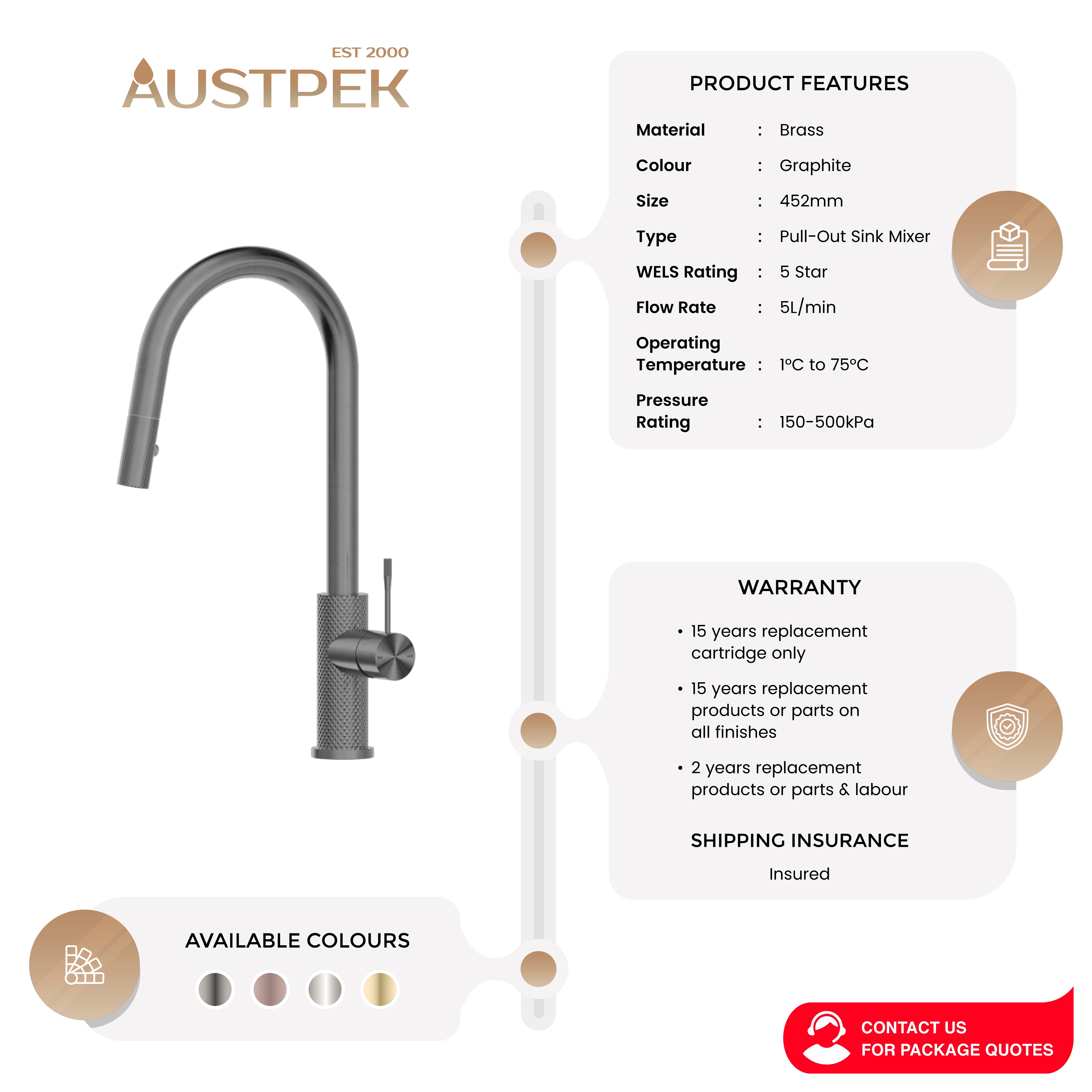 NERO OPAL PULL OUT SINK MIXER 452MM GRAPHITE