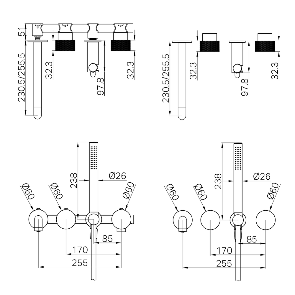 NERO OPAL PROGRESSIVE SHOWER SYSTEM SEPARATE PLATE WITH SPOUT GRAPHITE (AVAILABLE IN 230MM AND 250MM)