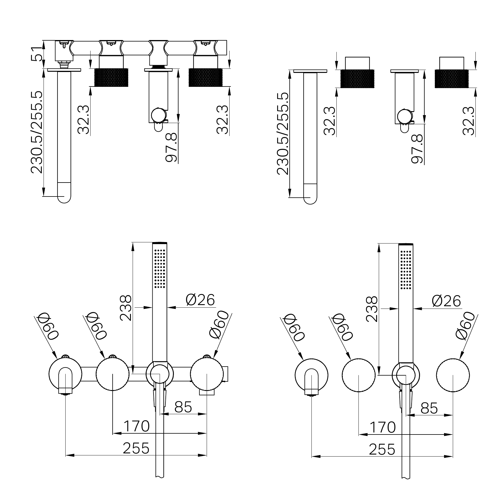 NERO OPAL PROGRESSIVE SHOWER SYSTEM SEPARATE PLATE WITH SPOUT GRAPHITE (AVAILABLE IN 230MM AND 250MM)