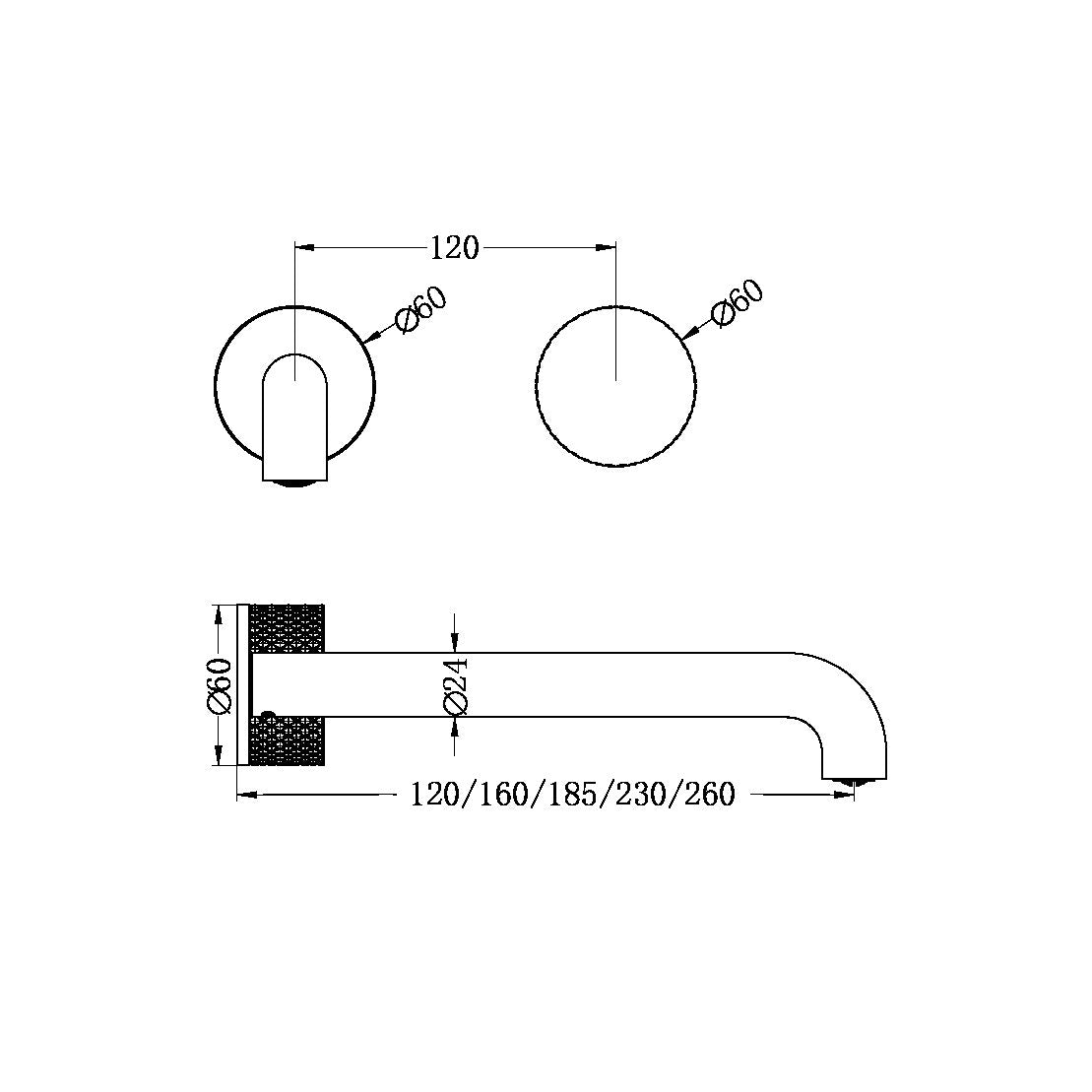 NERO OPAL PROGRESSIVE WALL BASIN / BATH SET BRUSHED NICKEL (AVAILABLE IN 120MM, 160MM, 185MM, 230MM AND 260MM)