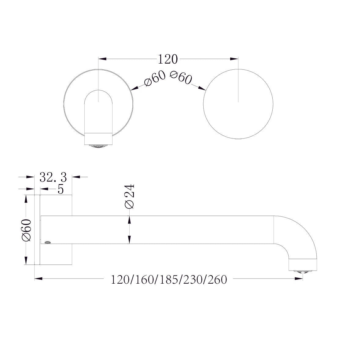 NERO KARA PROGRESSIVE WALL BASIN / BATH SET BRUSHED GOLD (AVAILABLE IN 120MM, 160MM, 185MM, 230MM AND 260MM)