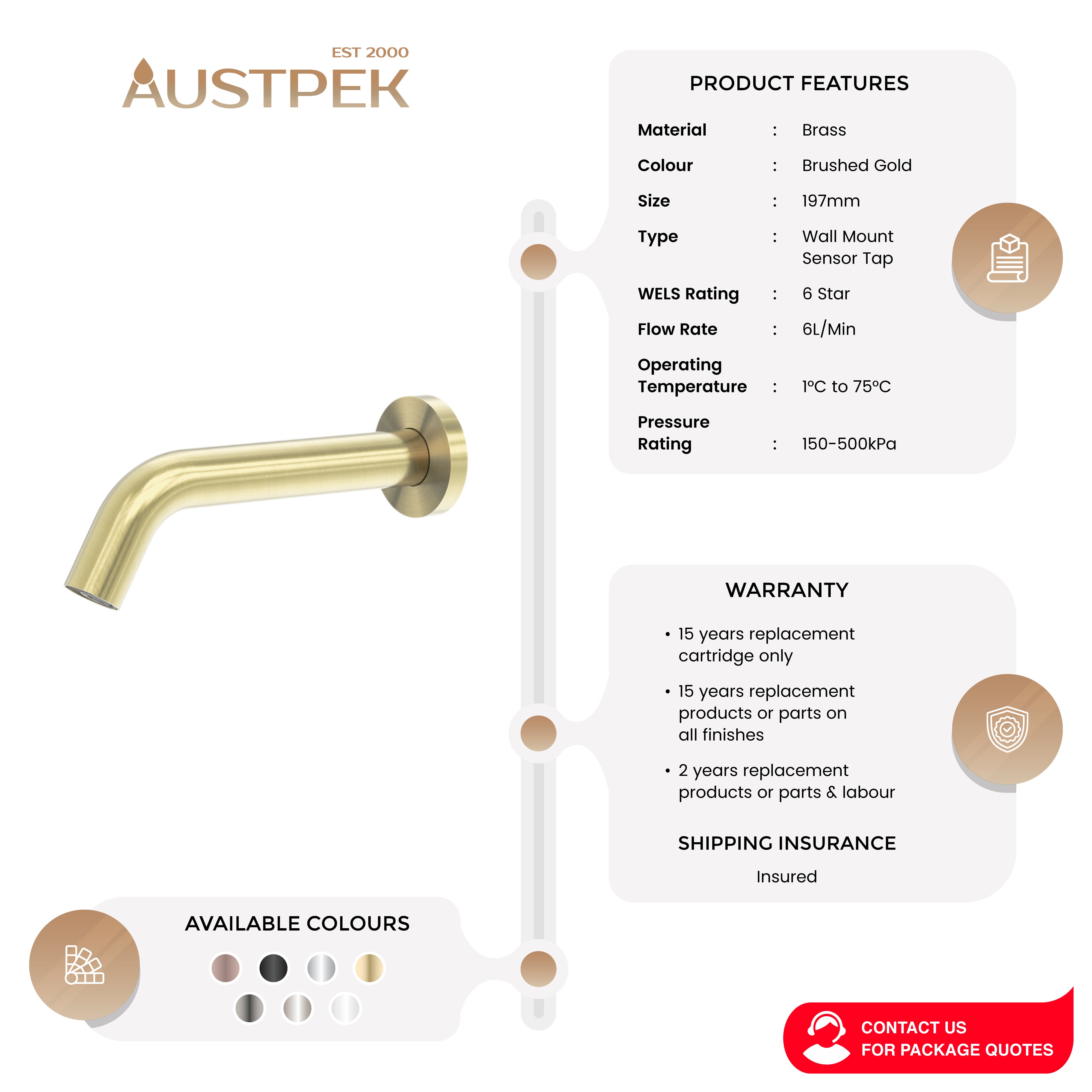 NERO MECCA WALL MOUNT SENSOR TAP BRUSHED GOLD