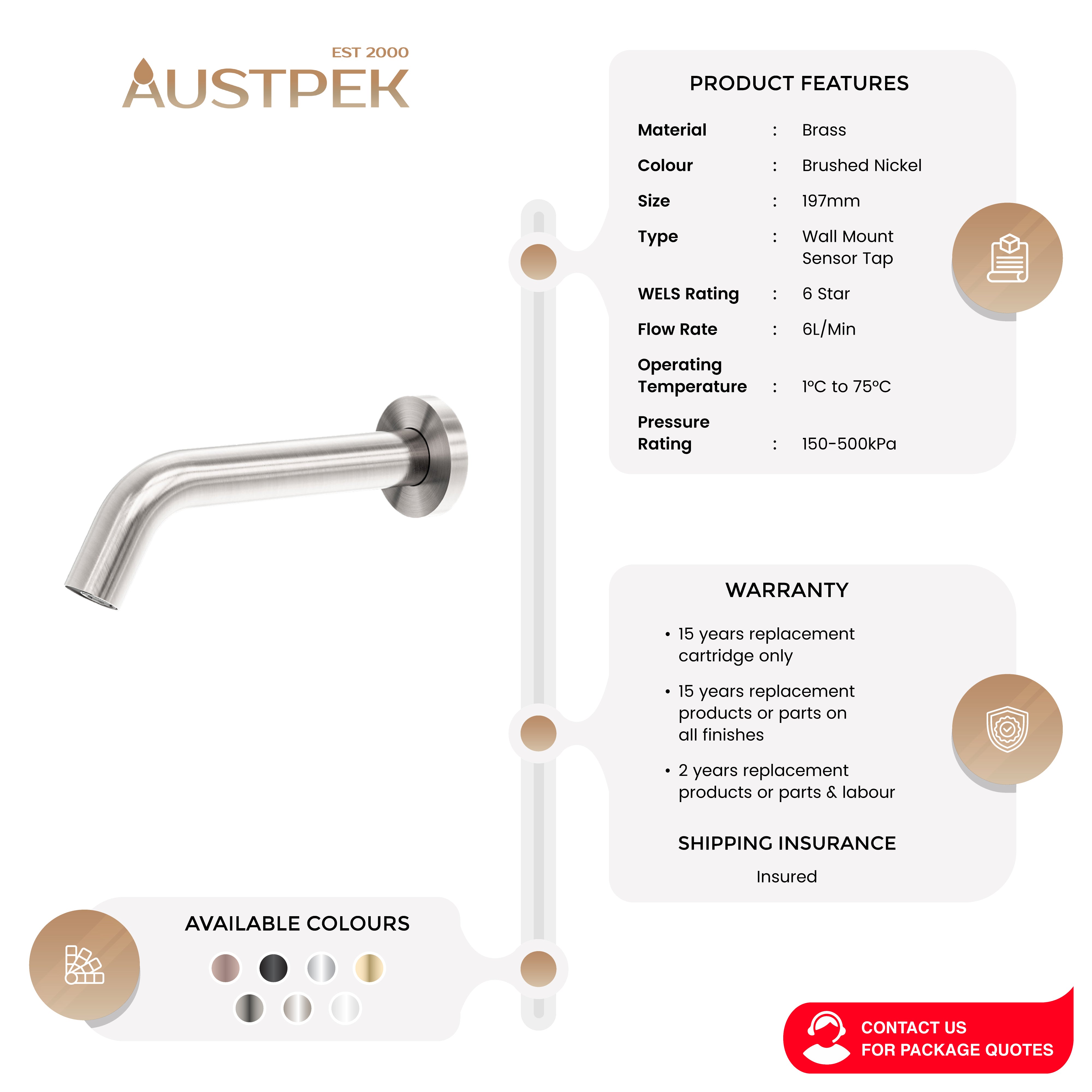 NERO MECCA WALL MOUNT SENSOR TAP 197MM BRUSHED NICKEL