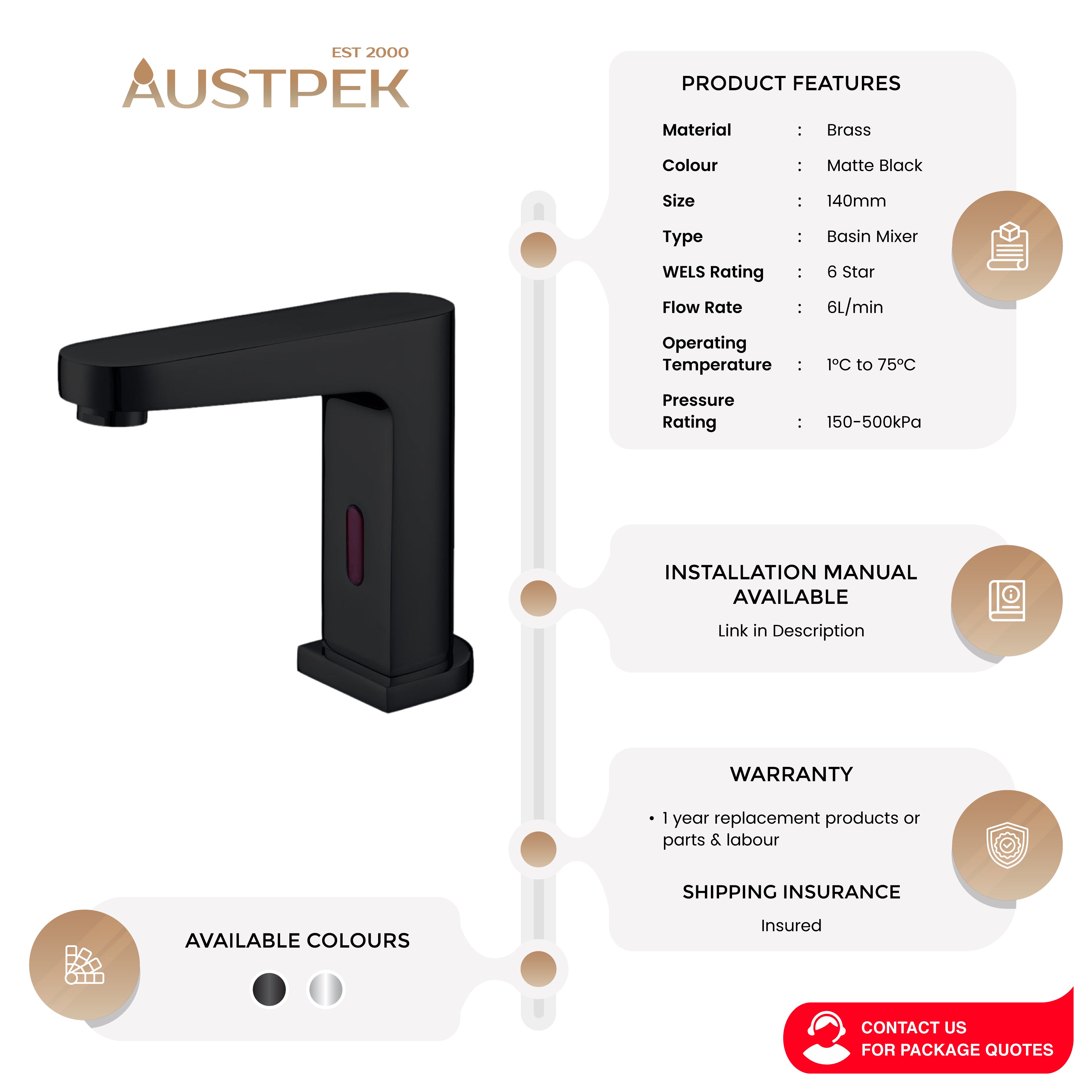 NERO BIANCA SENSOR TAP 140MM MATTE BLACK