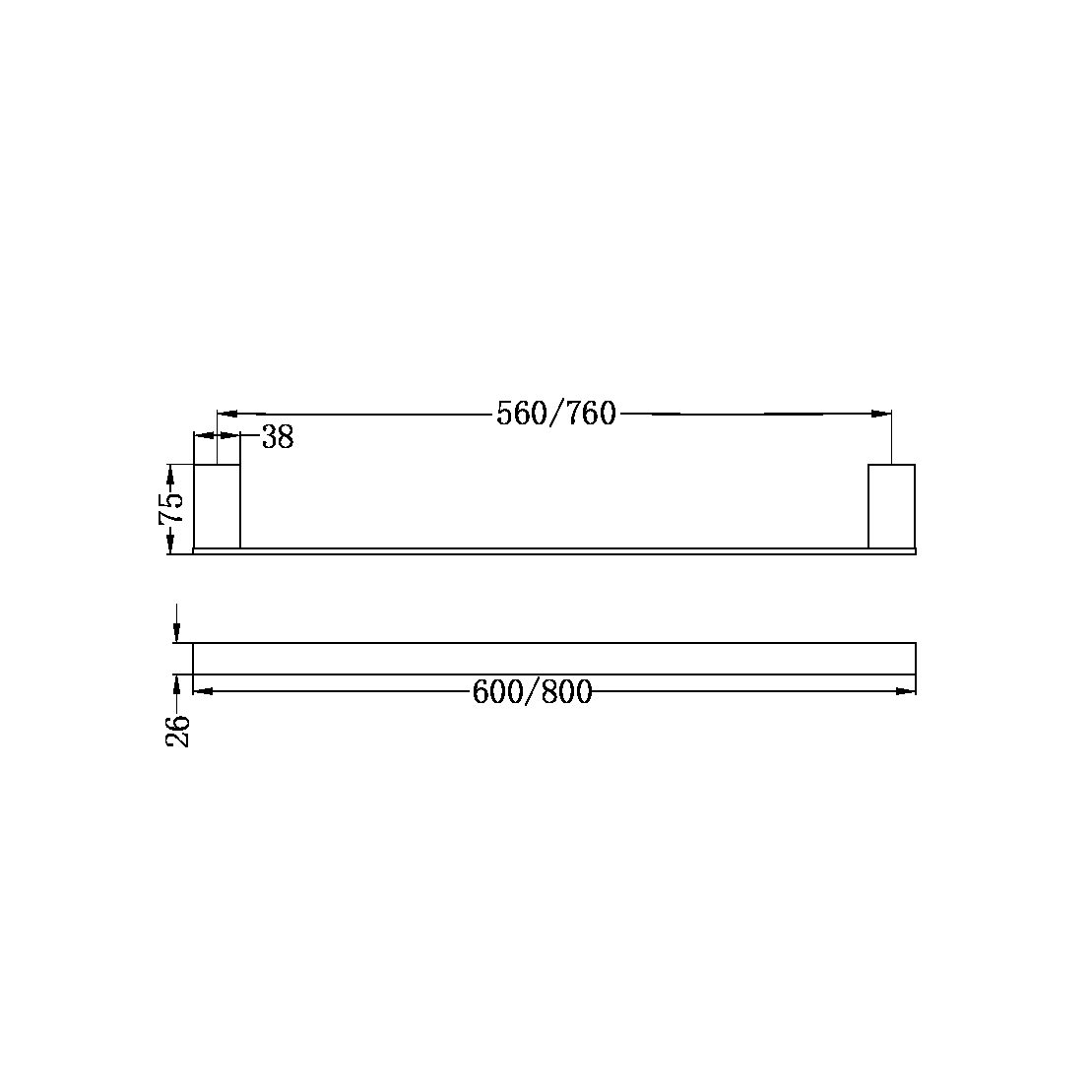 NERO CELIA NON-HEATED SINGLE TOWEL RAIL MATTE BLACK (AVAILABLE IN 600MM AND 800MM)