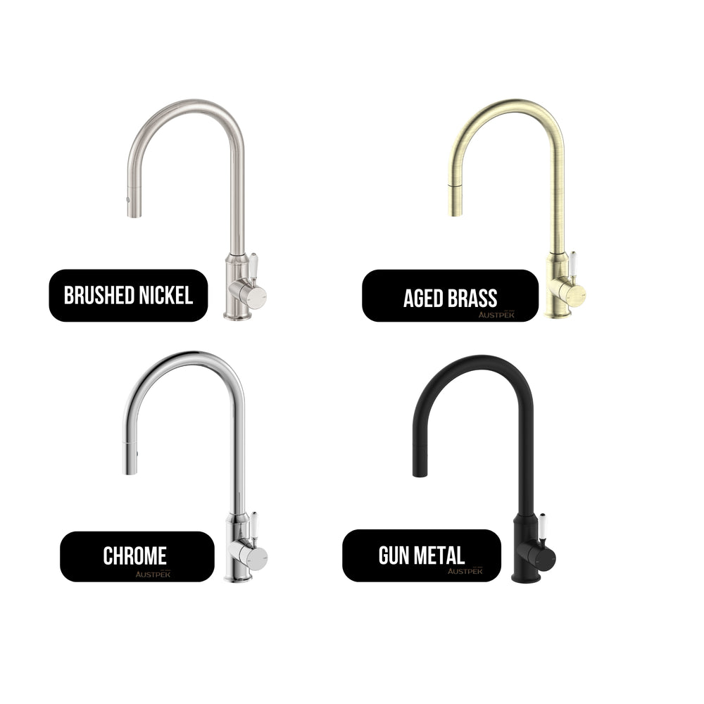 NERO YORK SPRAY PULL OUT SINK MIXER WITH WHITE PORCELAIN LEVER 457MM AGED BRASS