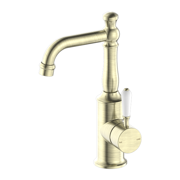 NERO YORK BASIN MIXER WITH WHITE PORCELAIN LEVER 265MM AGED BRASS