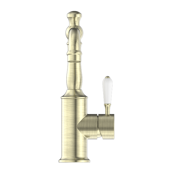 NERO YORK BASIN MIXER WITH WHITE PORCELAIN LEVER 265MM AGED BRASS