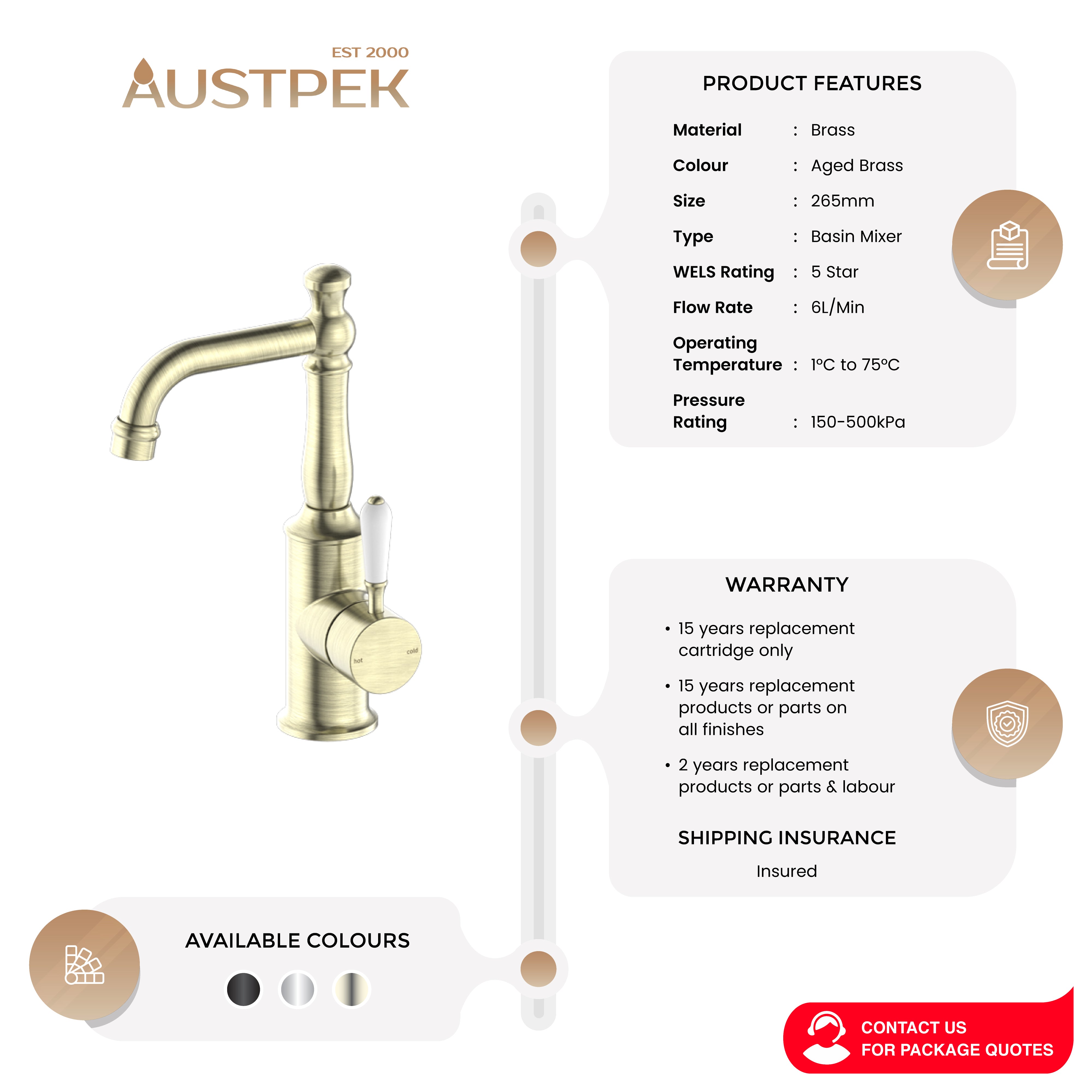 NERO YORK BASIN MIXER WITH WHITE PORCELAIN LEVER 265MM AGED BRASS