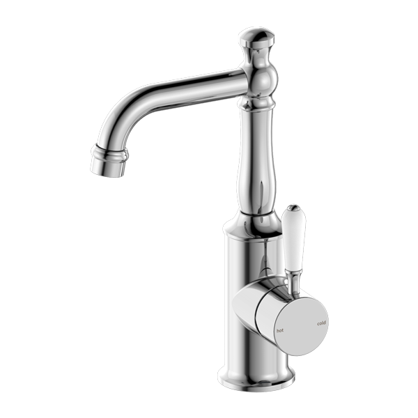 NERO YORK BASIN MIXER WITH WHITE PORCELAIN LEVER 265MM CHROME