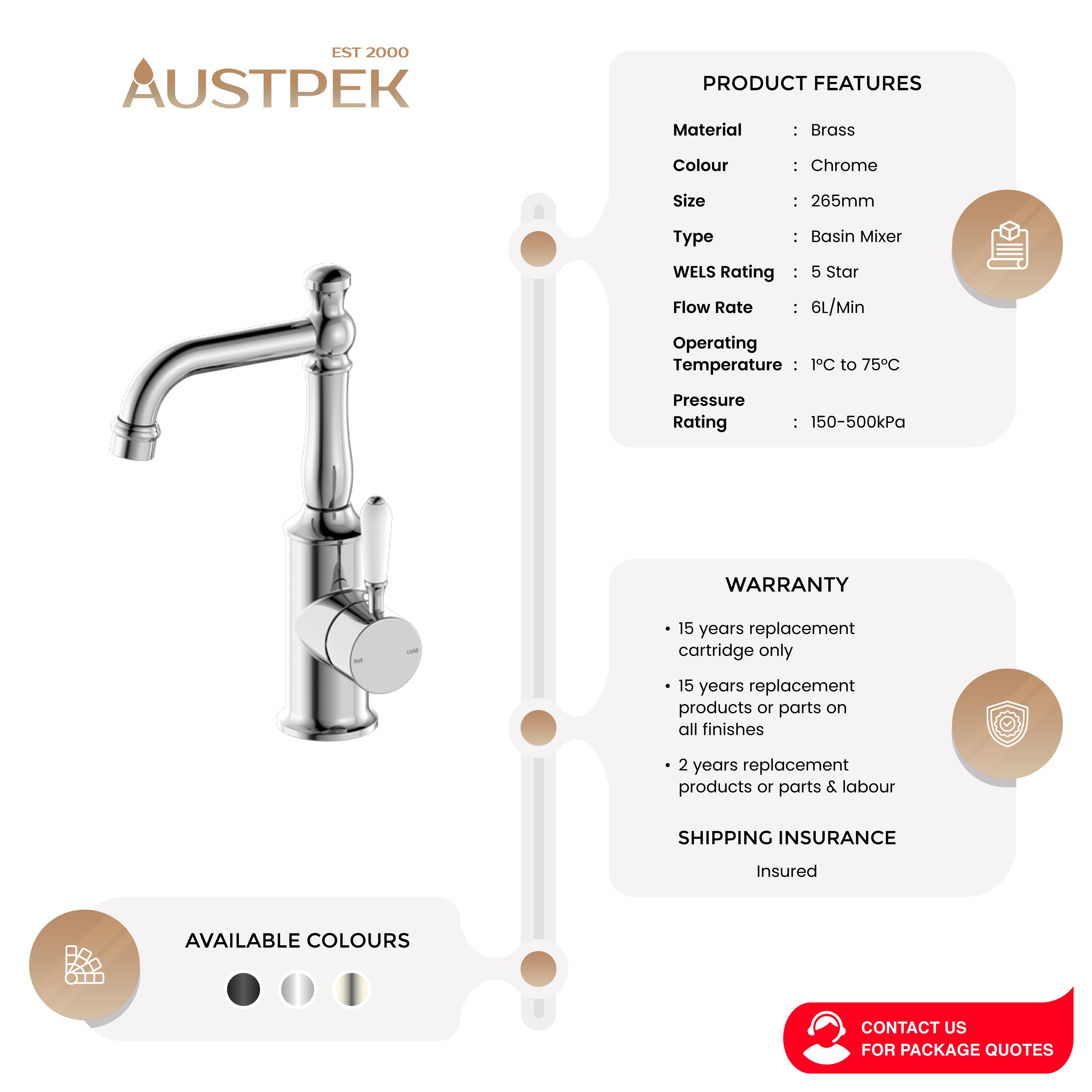 NERO YORK BASIN MIXER WITH WHITE PORCELAIN LEVER 265MM CHROME