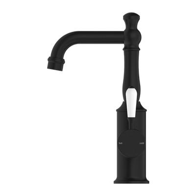 NERO YORK BASIN MIXER WITH WHITE PORCELAIN LEVER 265MM MATTE BLACK