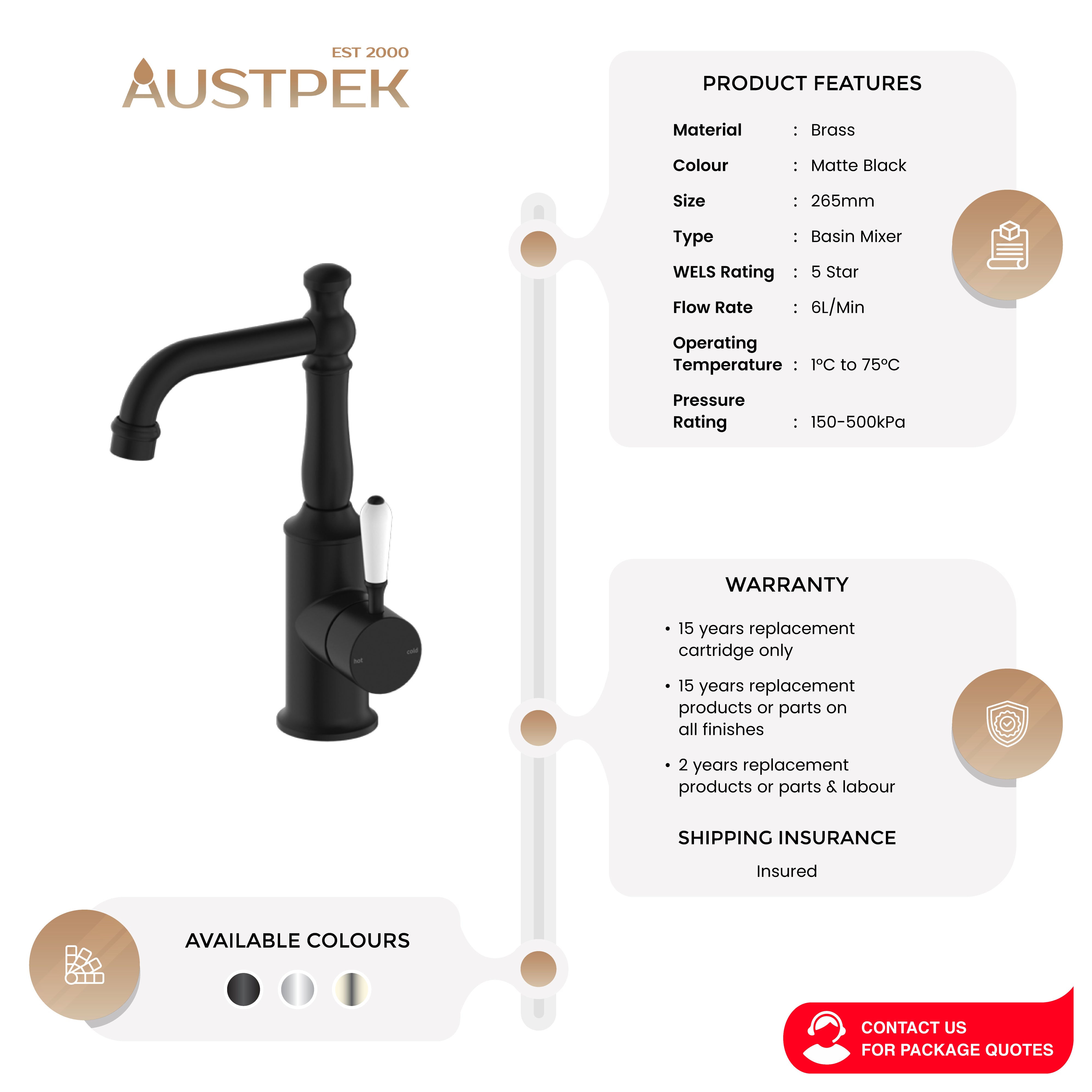 NERO YORK BASIN MIXER WITH WHITE PORCELAIN LEVER 265MM MATTE BLACK