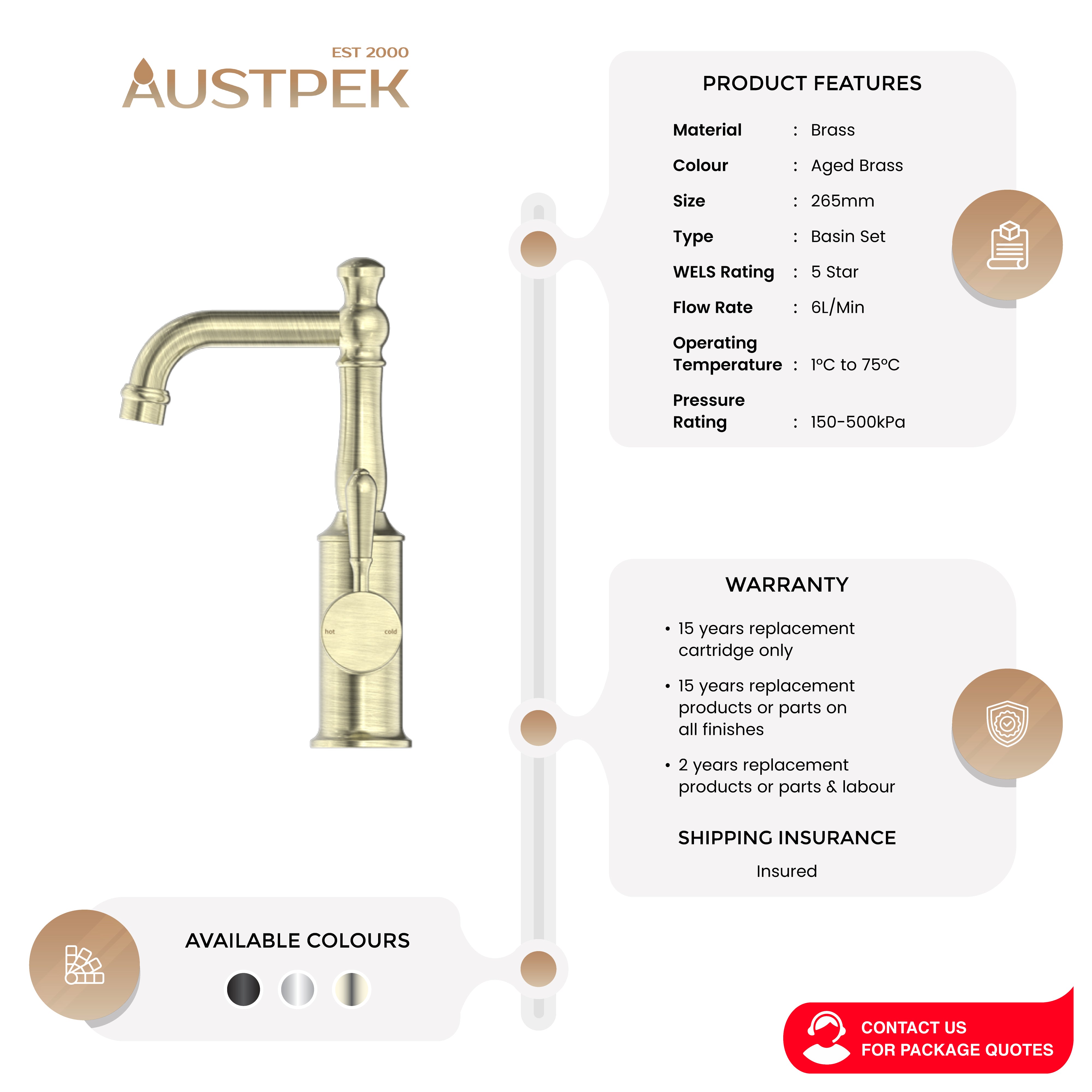 NERO YORK BASIN MIXER WITH METAL LEVER 265MM AGED BRASS
