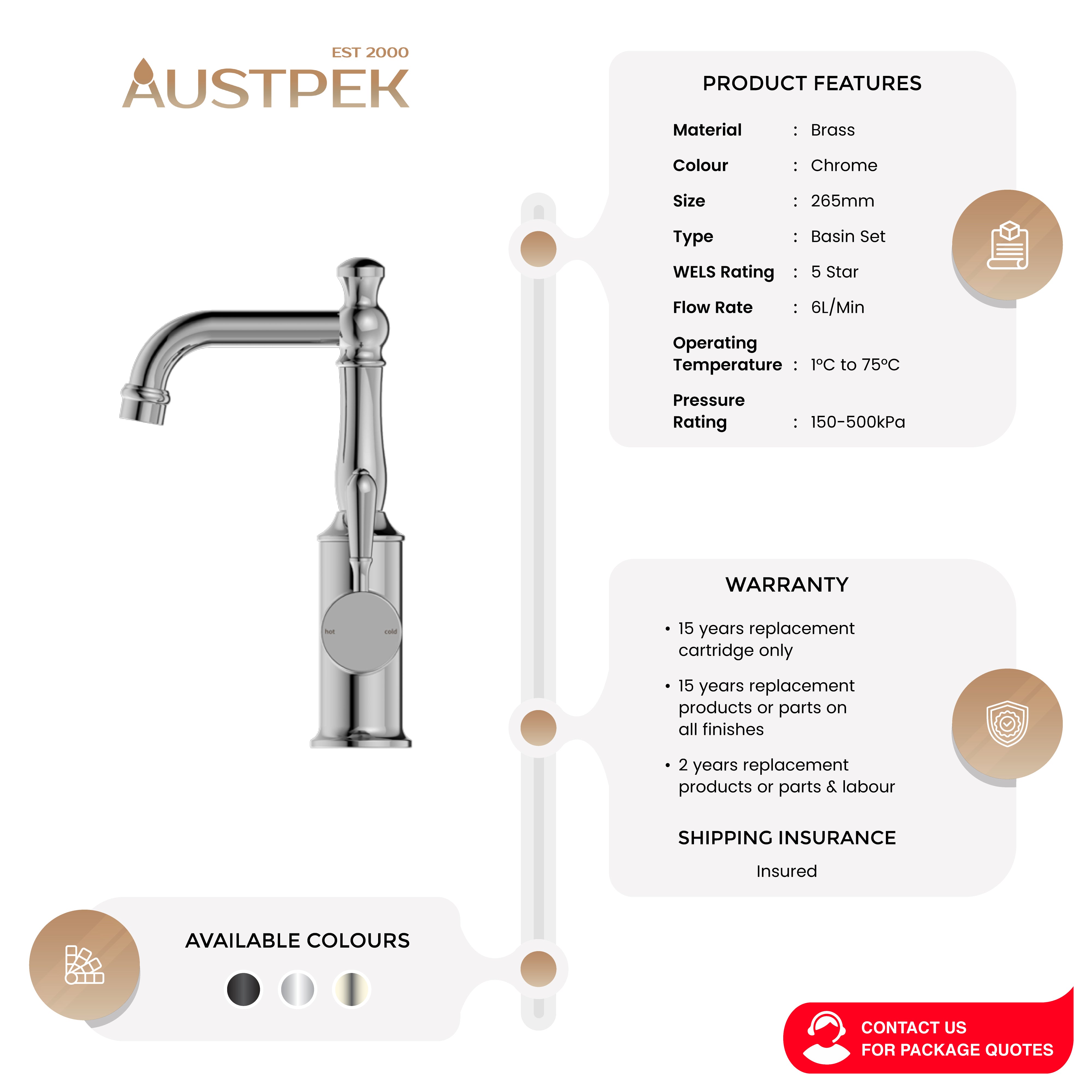 NERO YORK BASIN MIXER WITH METAL LEVER 265MM CHROME