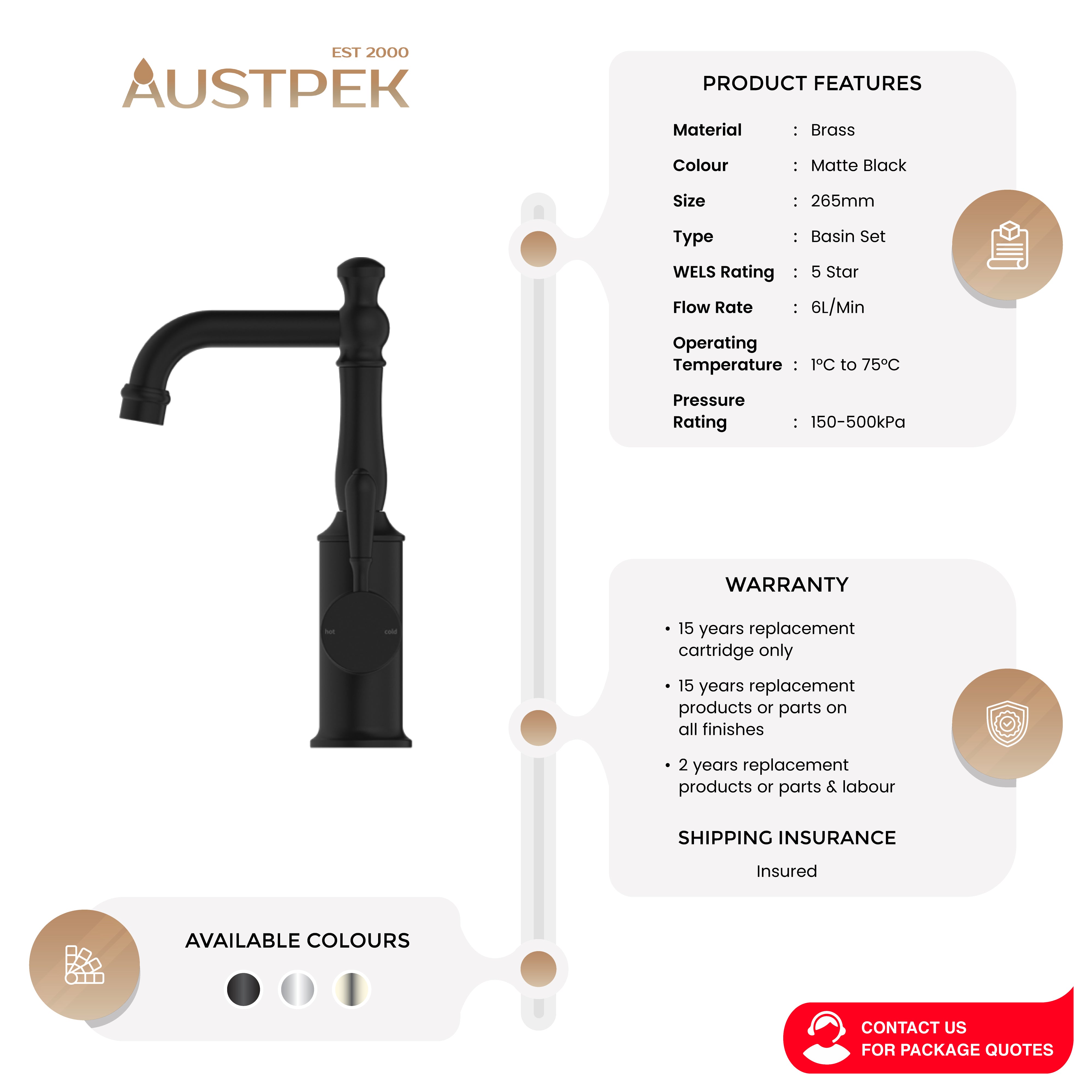 NERO YORK BASIN MIXER WITH METAL LEVER 265MM MATTE BLACK