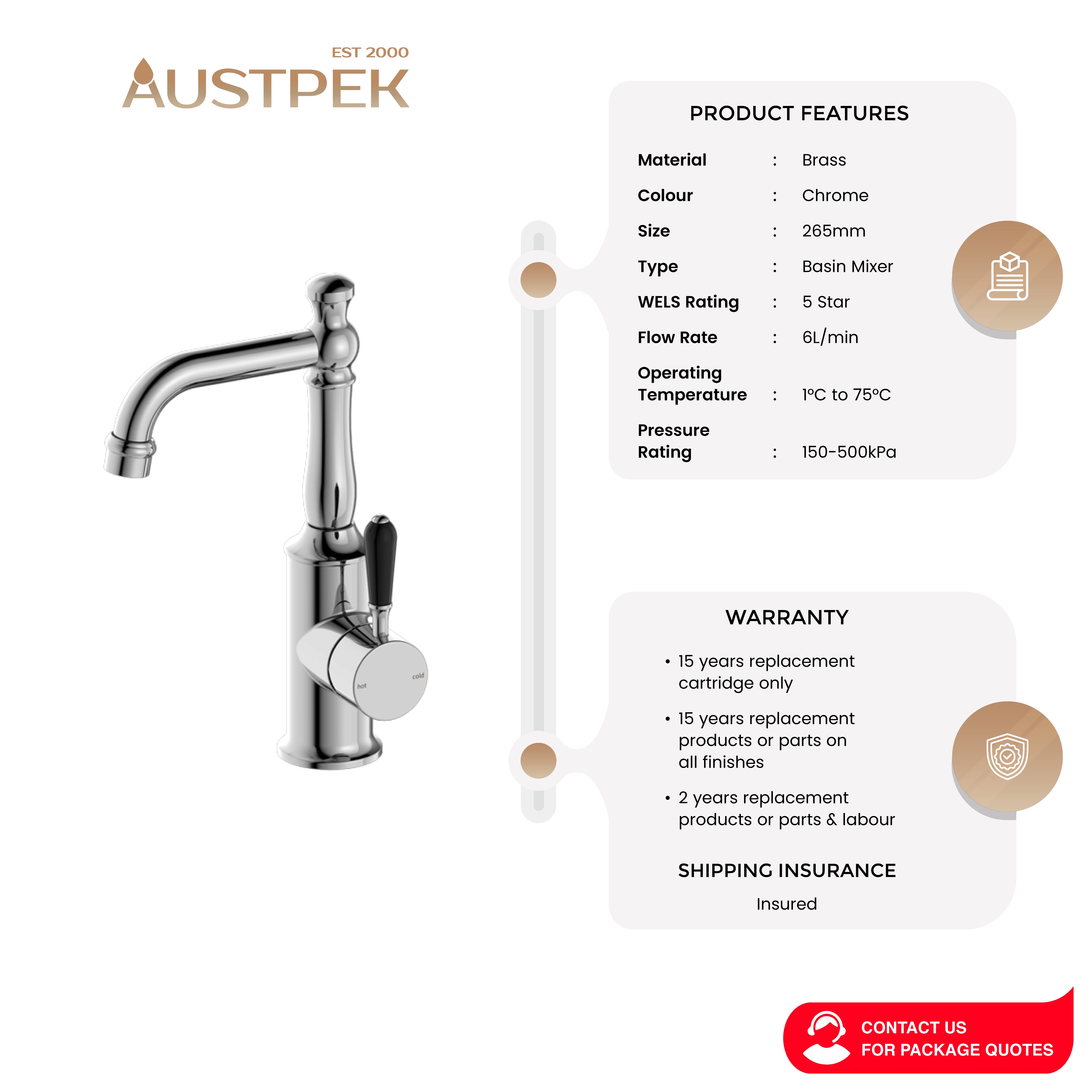 NERO YORK BASIN MIXER WITH BLACK PORCELAIN LEVER 265MM CHROME