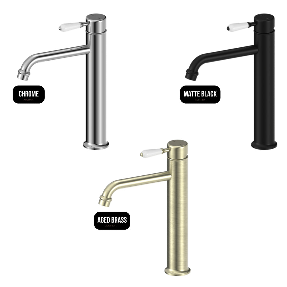 NERO YORK TALL BASIN MIXER WITH WHITE PORCELAIN LEVER 290MM MATTE BLACK