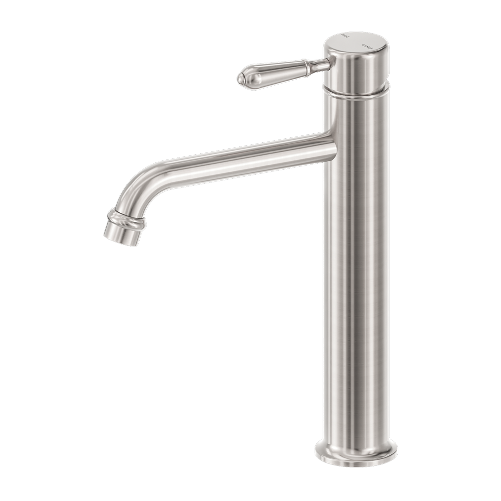 NERO YORK LEAD FREE TALL BASIN MIXER WITH METAL LEVER 290MM BRUSHED NICKEL
