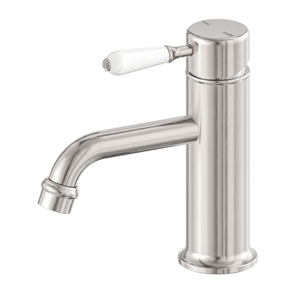 NERO YORK STRAIGHT BASIN MIXER WITH WHITE PORCELAIN LEVER 170MM BRUSHED NICKEL
