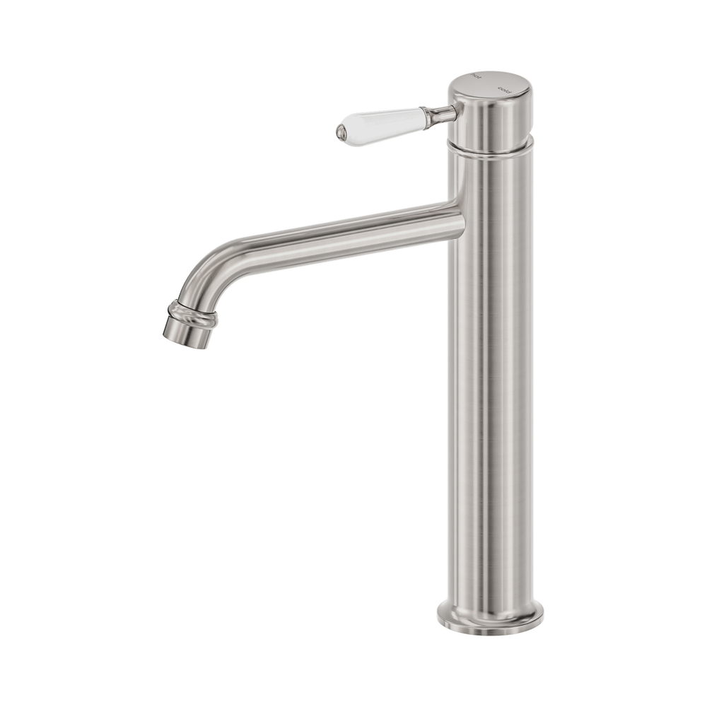 NERO YORK TALL BASIN MIXER WITH WHITE PORCELAIN LEVER 290MM BRUSHED NICKEL
