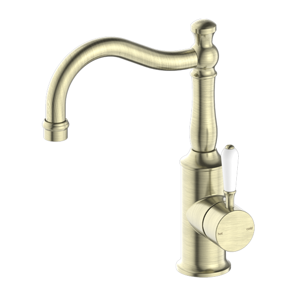 NERO YORK BASIN MIXER WITH WHITE PORCELAIN LEVER 265MM AGED BRASS