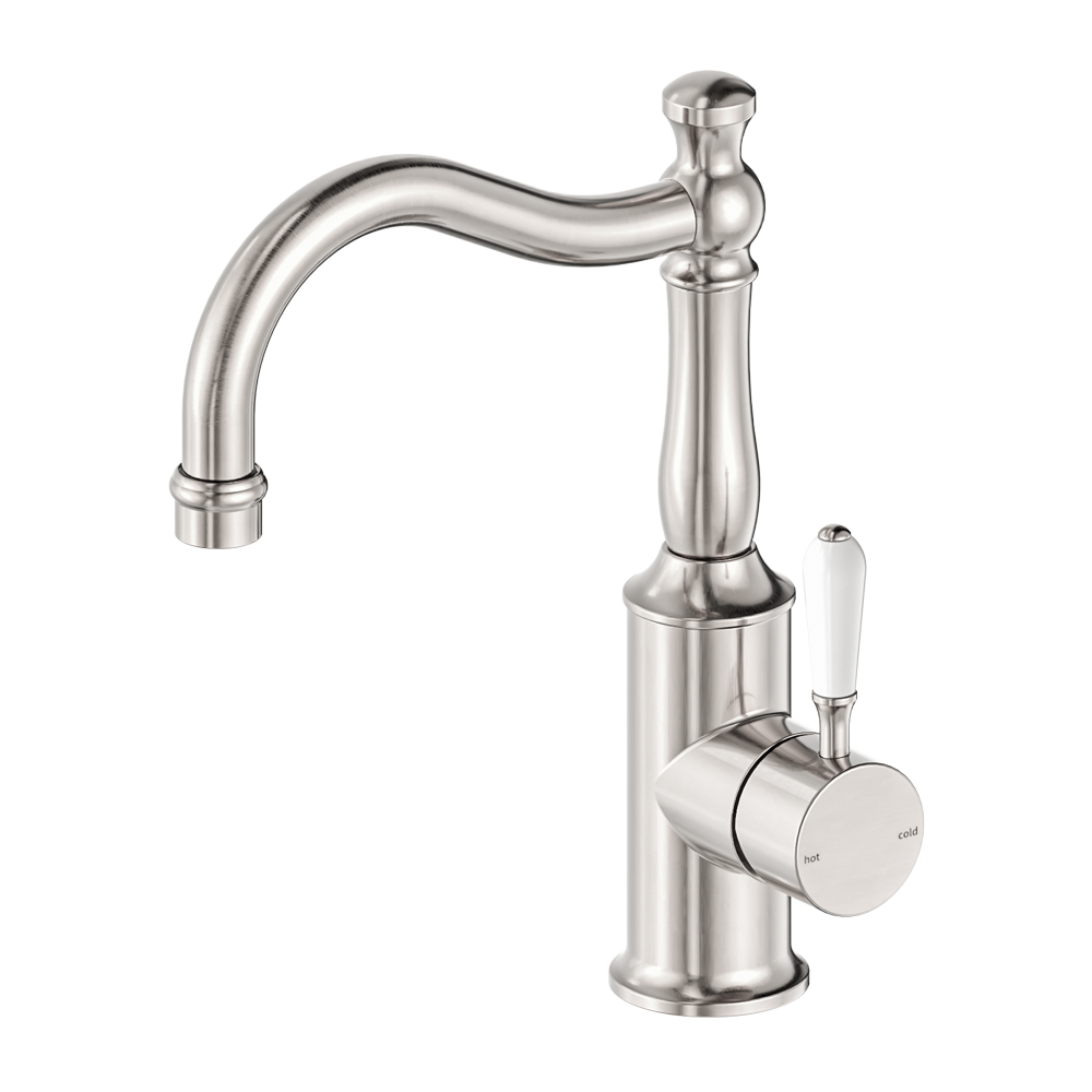 NERO YORK LEAD FREE BASIN MIXER HOOK SPOUT WITH WHITE PORCELAIN LEVER 265MM BRUSHED NICKEL