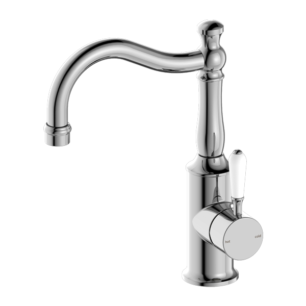NERO YORK BASIN MIXER WITH WHITE PORCELAIN LEVER 265MM CHROME