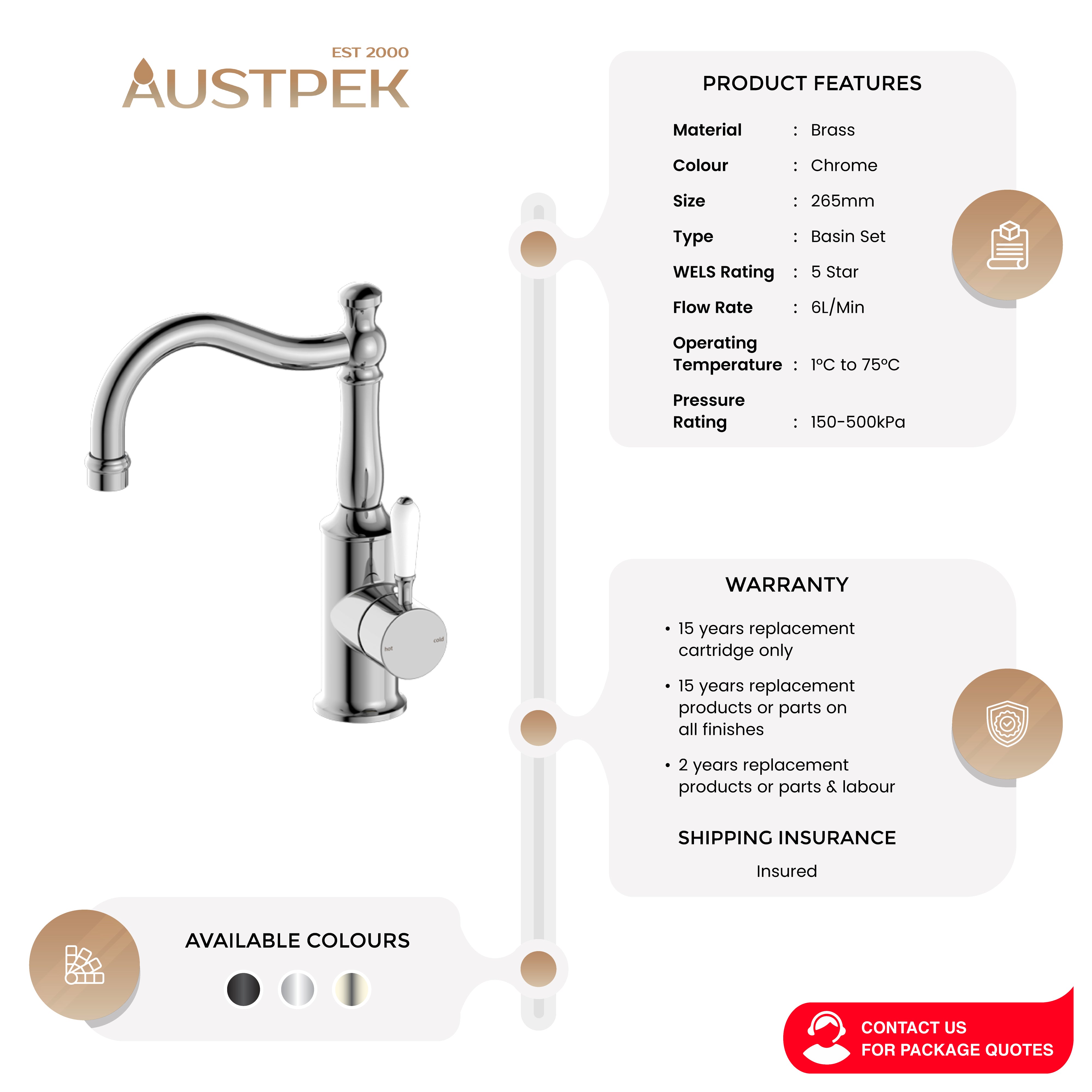 NERO YORK BASIN MIXER WITH WHITE PORCELAIN LEVER 265MM CHROME