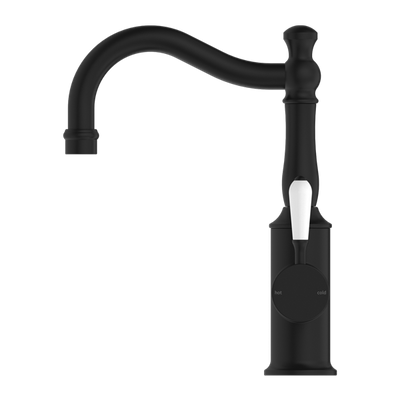 NERO YORK BASIN MIXER WITH WHITE PORCELAIN LEVER 265MM MATTE BLACK