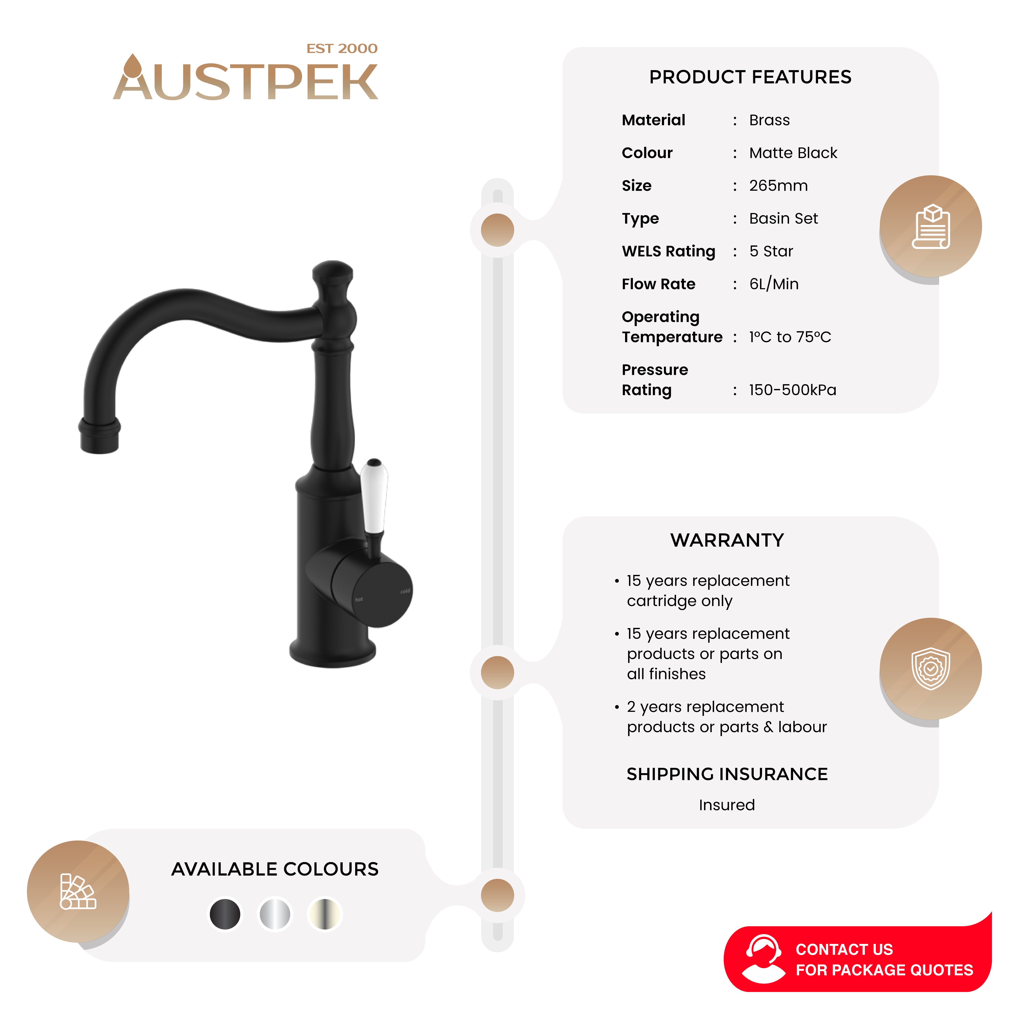 NERO YORK BASIN MIXER WITH WHITE PORCELAIN LEVER 265MM MATTE BLACK