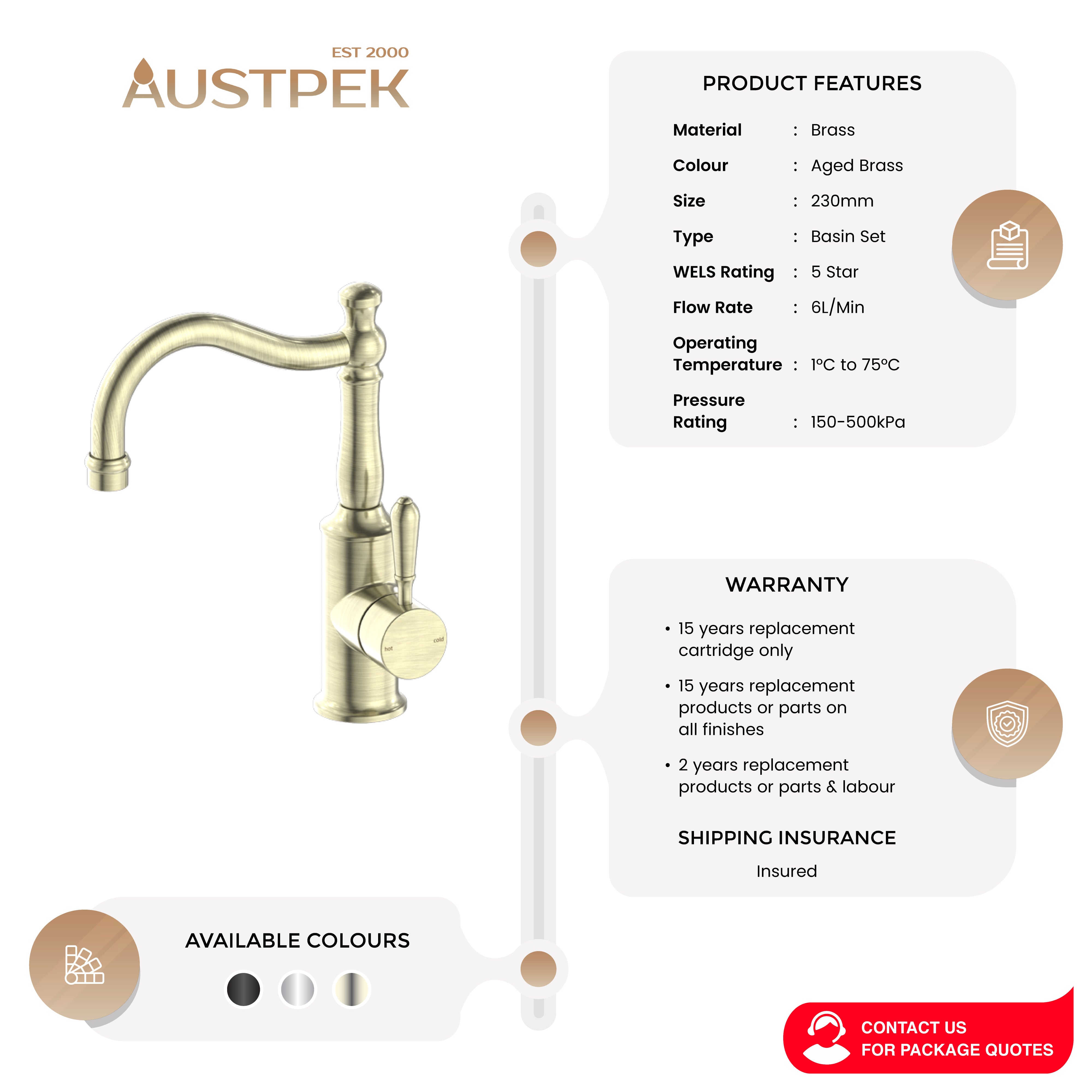 NERO YORK BASIN MIXER WITH METAL LEVER 265MM AGED BRASS