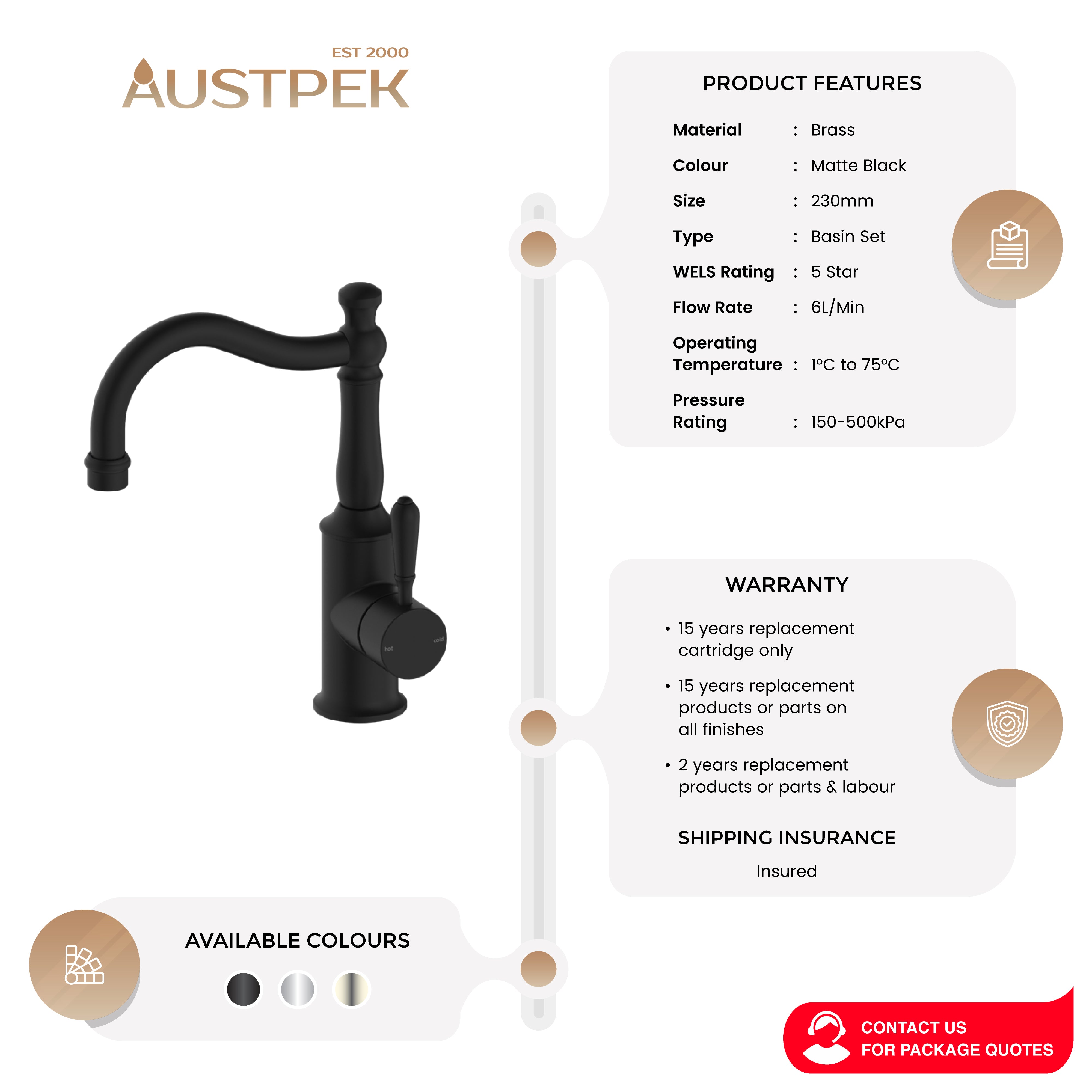 NERO YORK BASIN MIXER WITH METAL LEVER 265MM MATTE BLACK