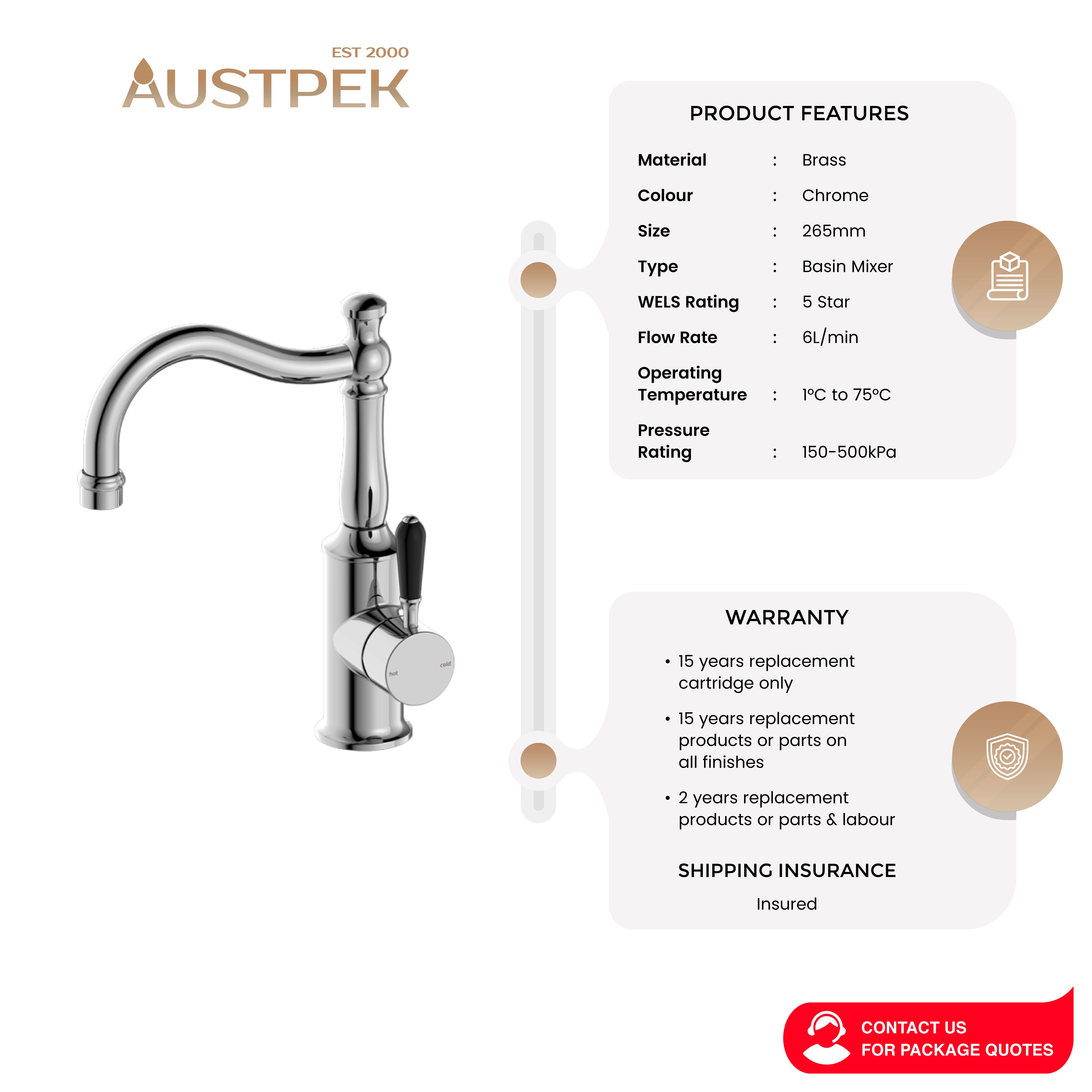 NERO YORK BASIN MIXER WITH BLACK PORCELAIN LEVER 265MM CHROME