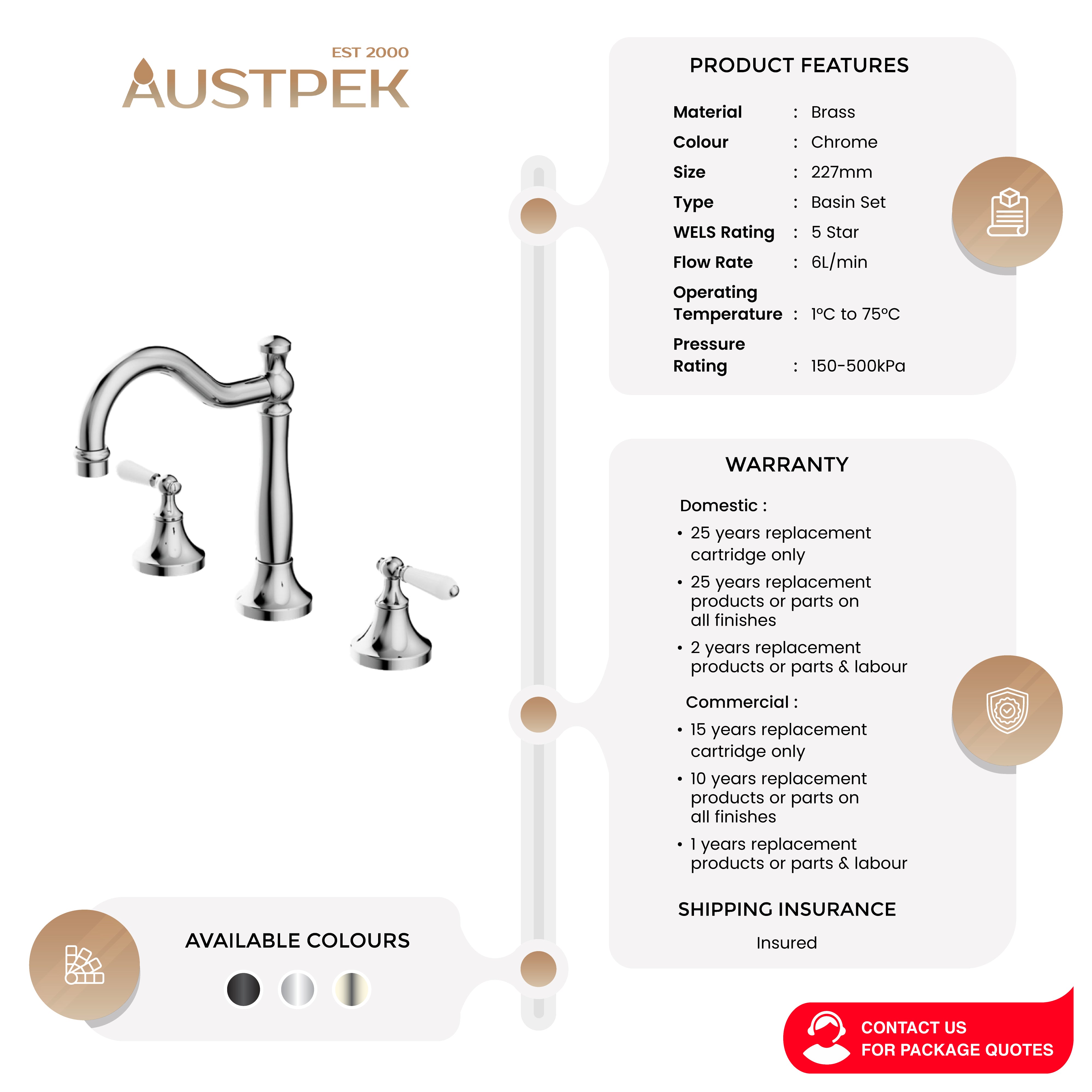 NERO YORK THREE PIECE BASIN SET WITH WHITE PORCELAIN LEVER CHROME