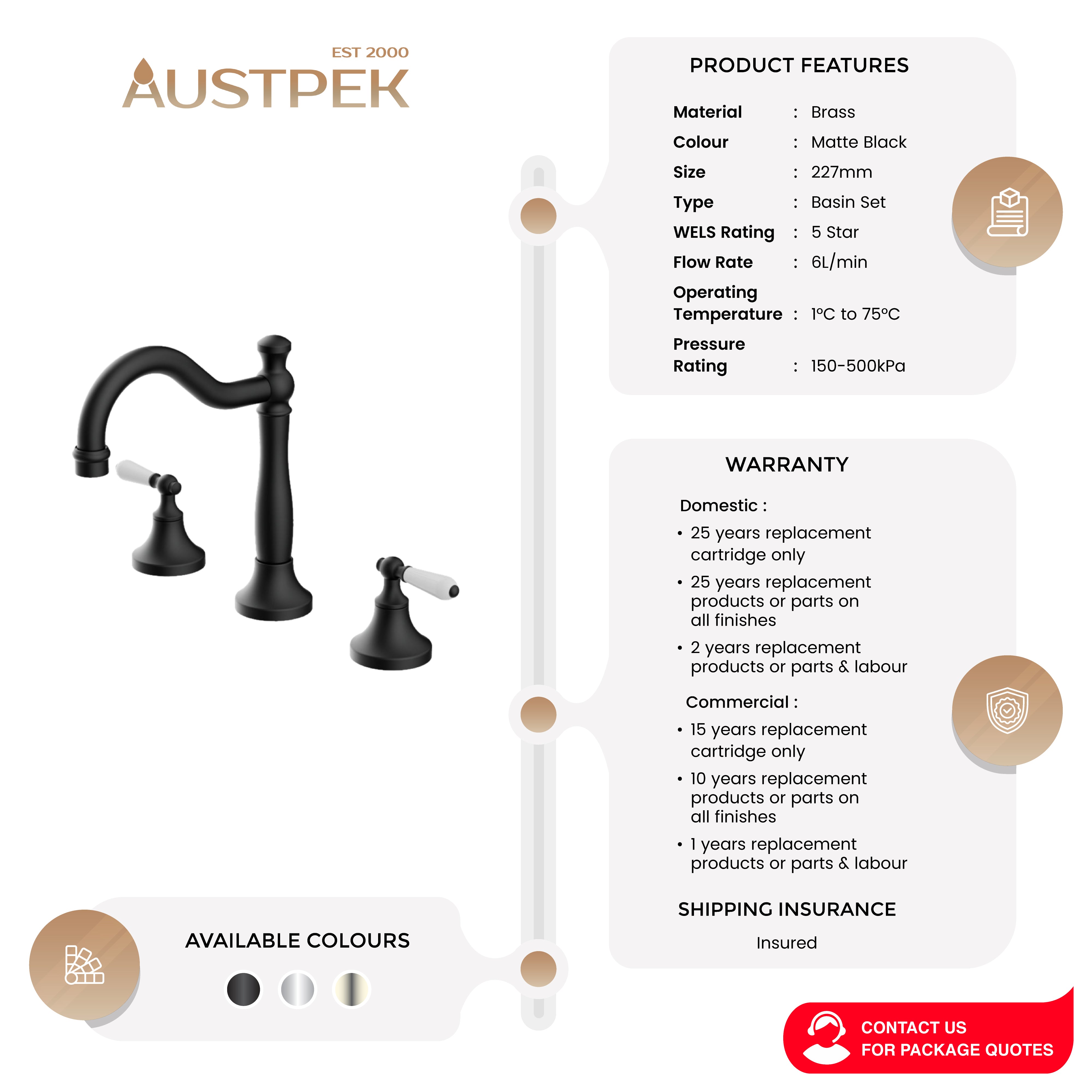 NERO YORK THREE PIECE BASIN SET WITH WHITE PORCELAIN LEVER MATTE BLACK