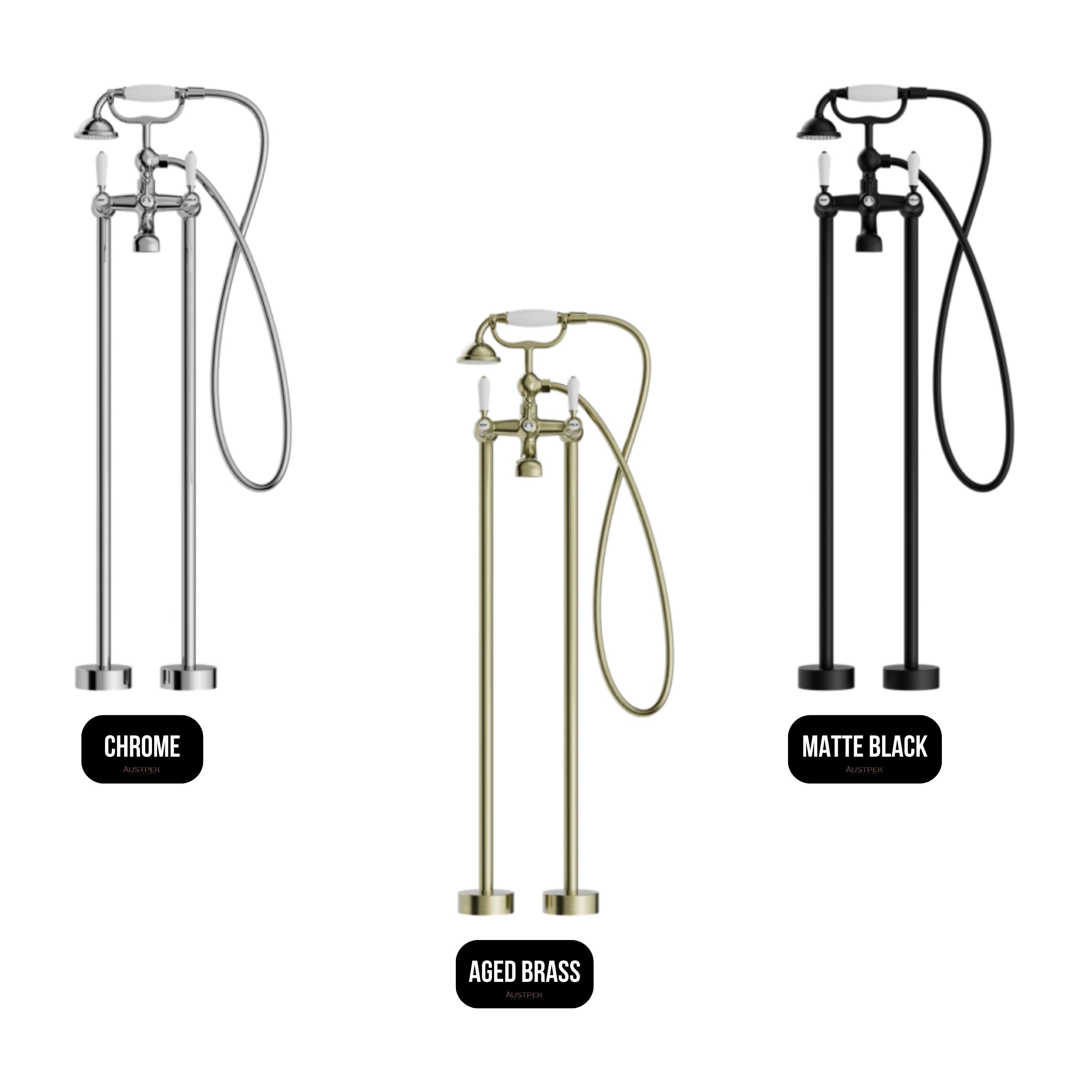 NERO YORK FREESTANDING BATH SET WITH WHITE PORCELAIN HAND SHOWER AGED BRASS