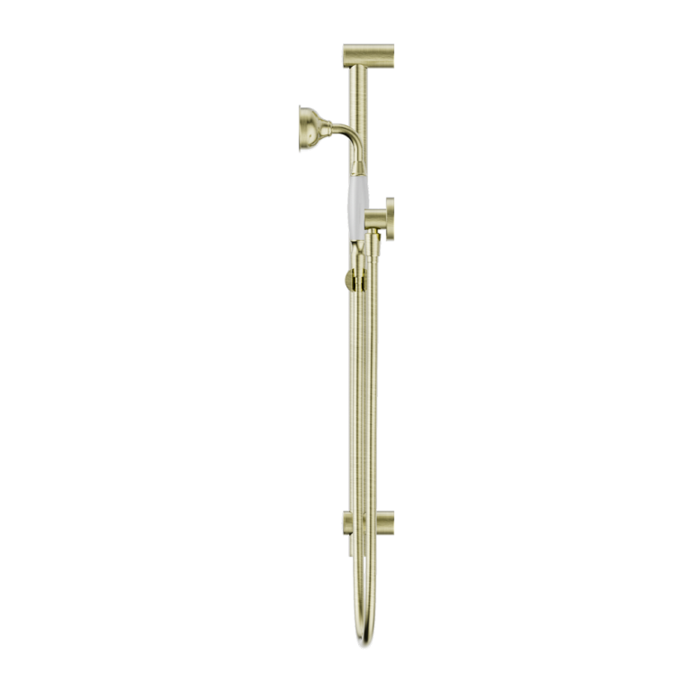 NERO YORK SHOWER RAIL WITH WHITE PORCELAIN HAND SHOWER 692MM AGED BRASS