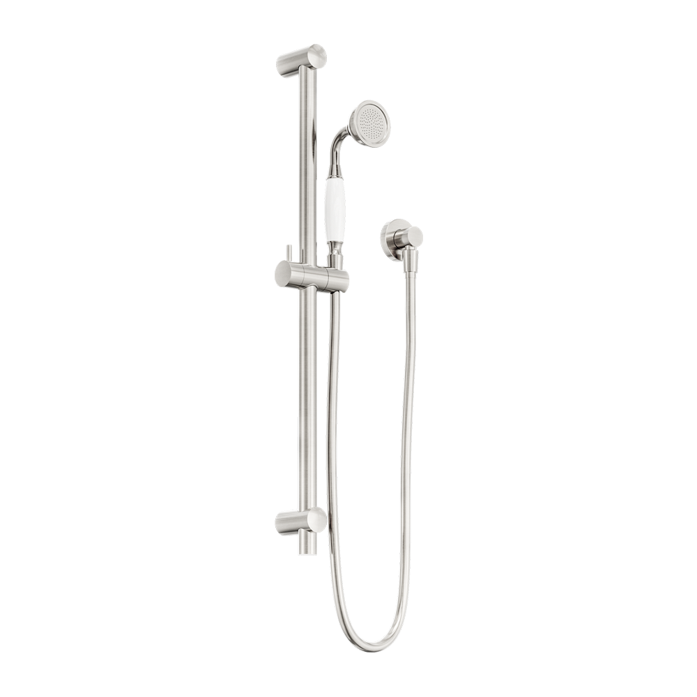 NERO YORK SHOWER RAIL WITH WHITE PORCELAIN HAND SHOWER 692MM BRUSHED NICKEL