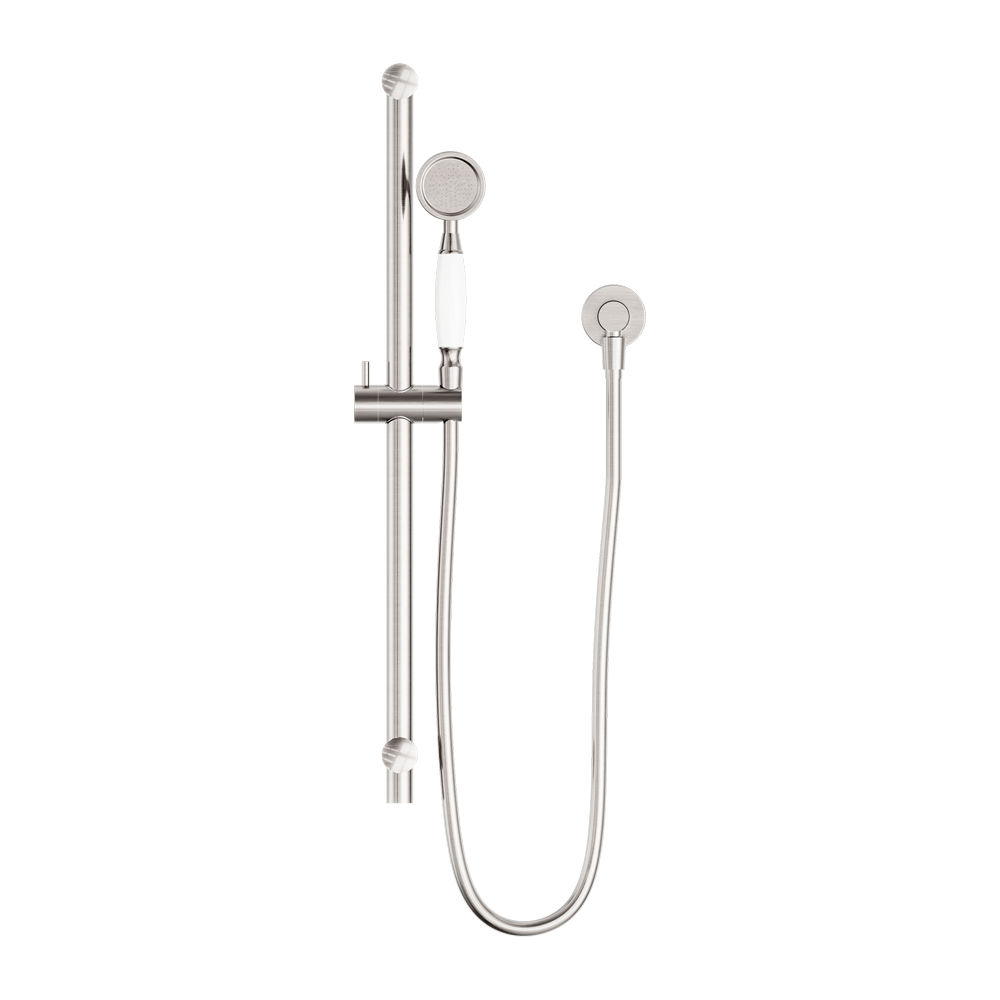 NERO YORK SHOWER RAIL WITH WHITE PORCELAIN HAND SHOWER 692MM BRUSHED NICKEL
