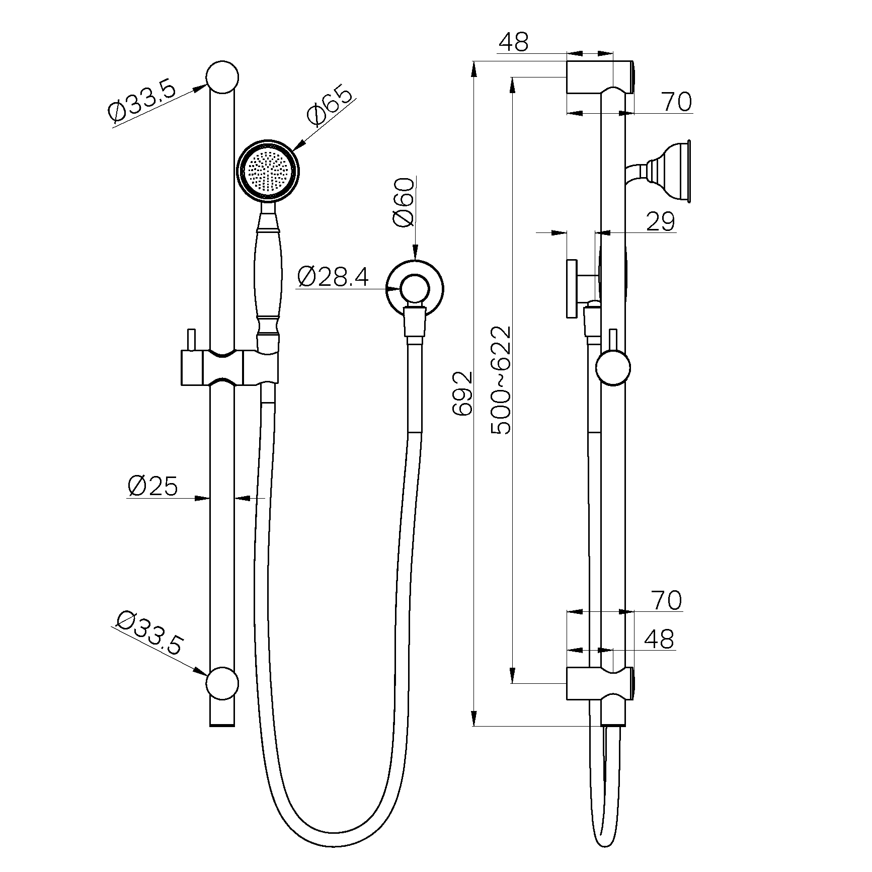 NERO YORK SHOWER RAIL WITH METAL HAND SHOWER 692MM CHROME