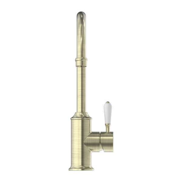 NERO YORK KITCHEN MIXER WITH WHITE PORCELAIN LEVER 347MM AGED BRASS