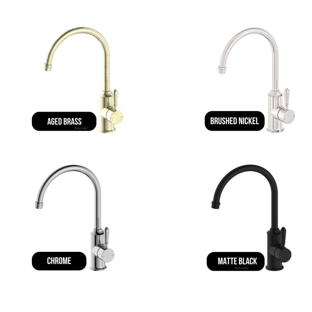 NERO YORK KITCHEN MIXER GOOSENECK SPOUT WITH METAL LEVER 347MM BRUSHED NICKEL
